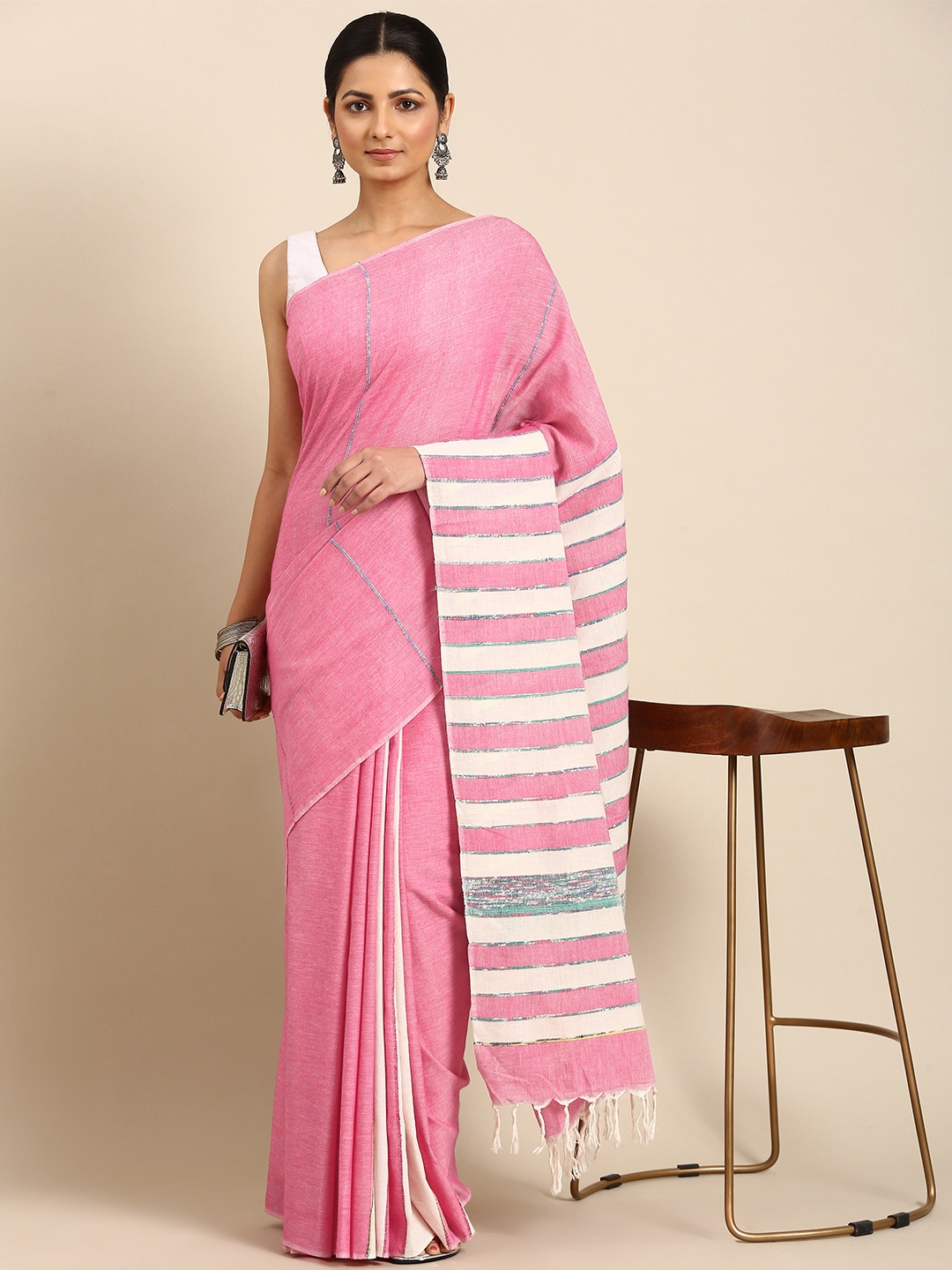 

ArtEastri Striped Pure Cotton Kheesh Saree, Pink