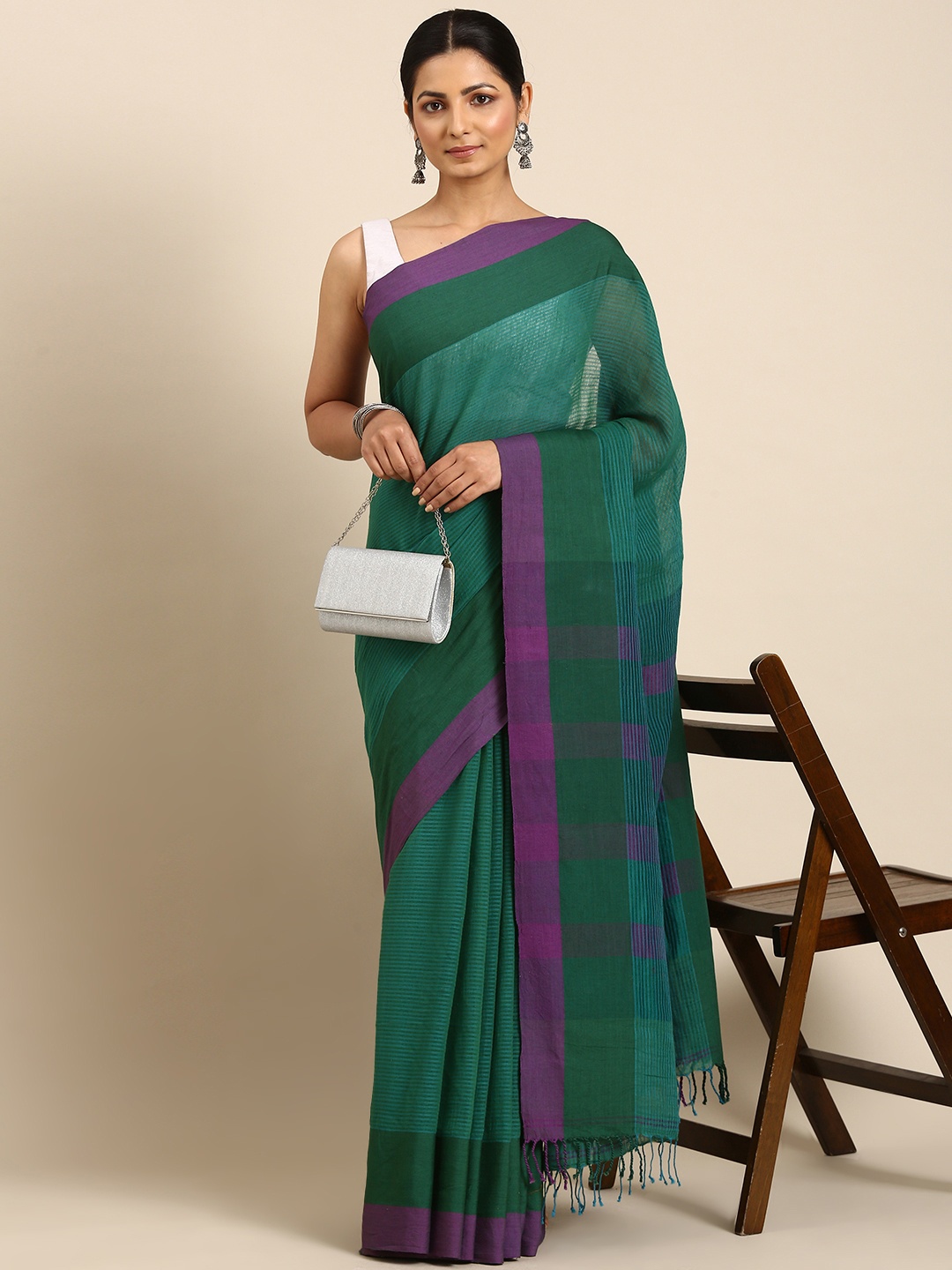 

ArtEastri Striped Pure Cotton Taant Saree, Green