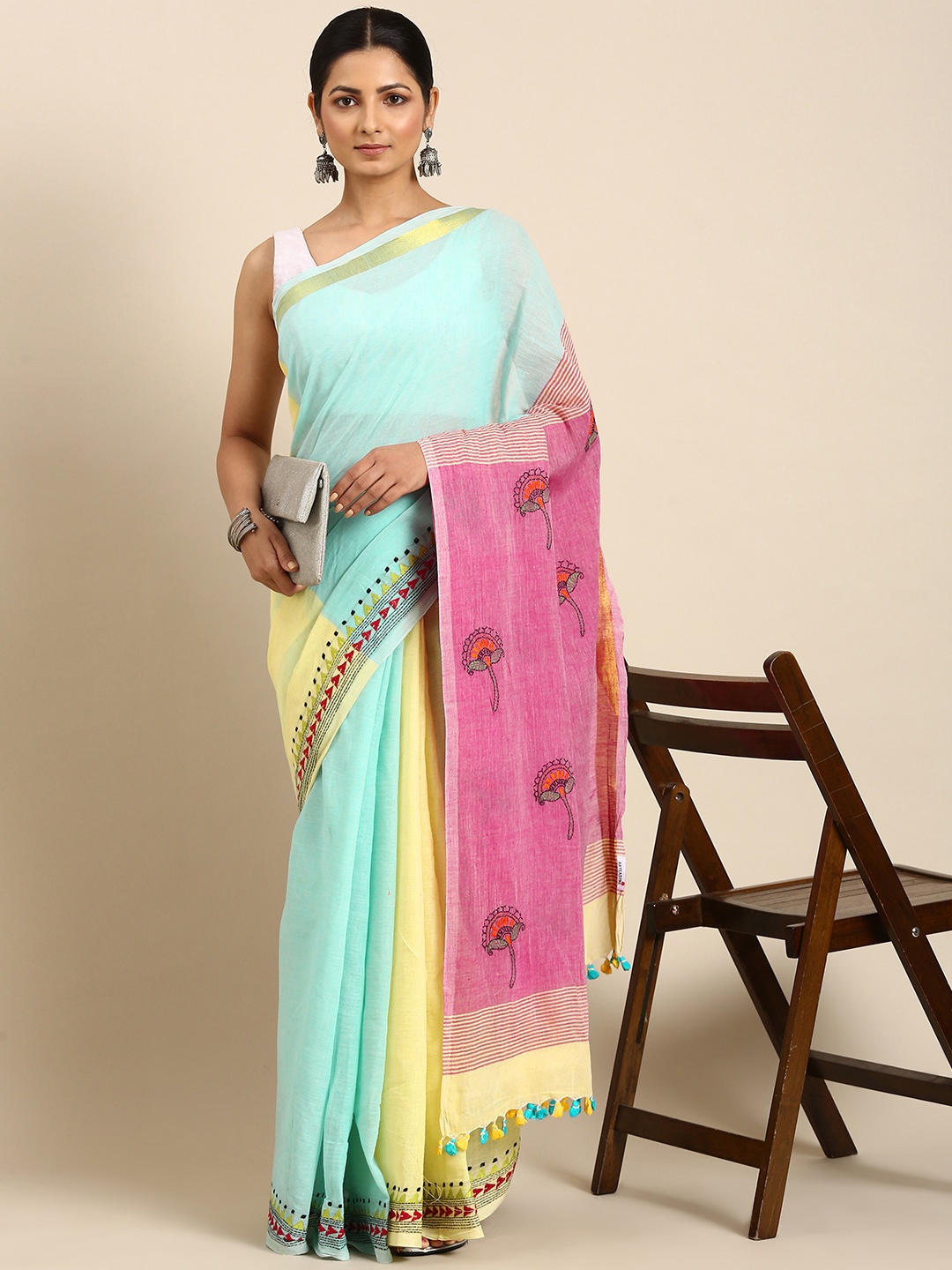

ArtEastri Turquoise blue and Pink Embroidered Pure Cotton Kantha Work Saree