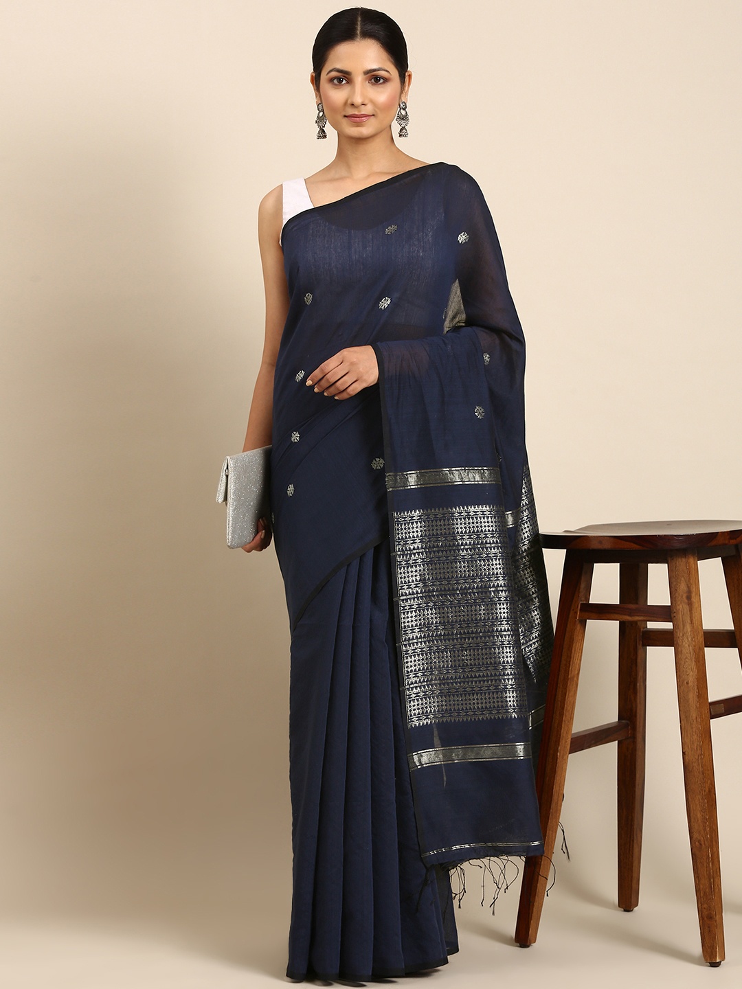 

ArtEastri Ethnic Motifs Zari Silk Cotton Taant Saree, Navy blue