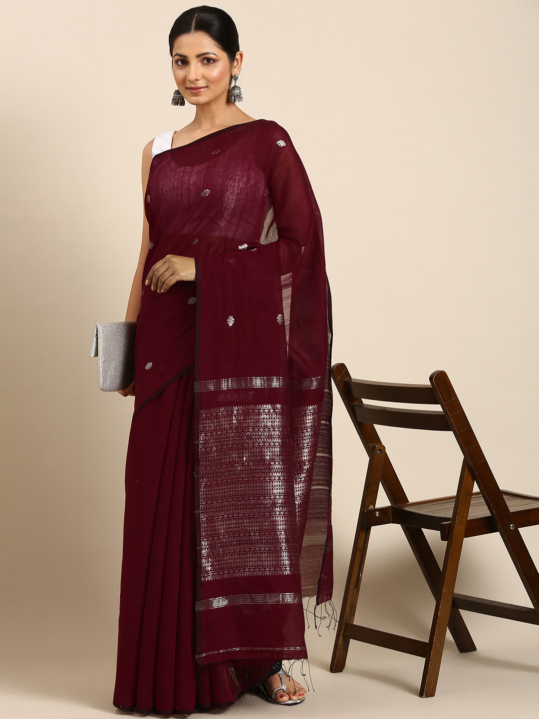 

ArtEastri Ethnic Motifs Zari Silk Cotton Taant Saree, Maroon
