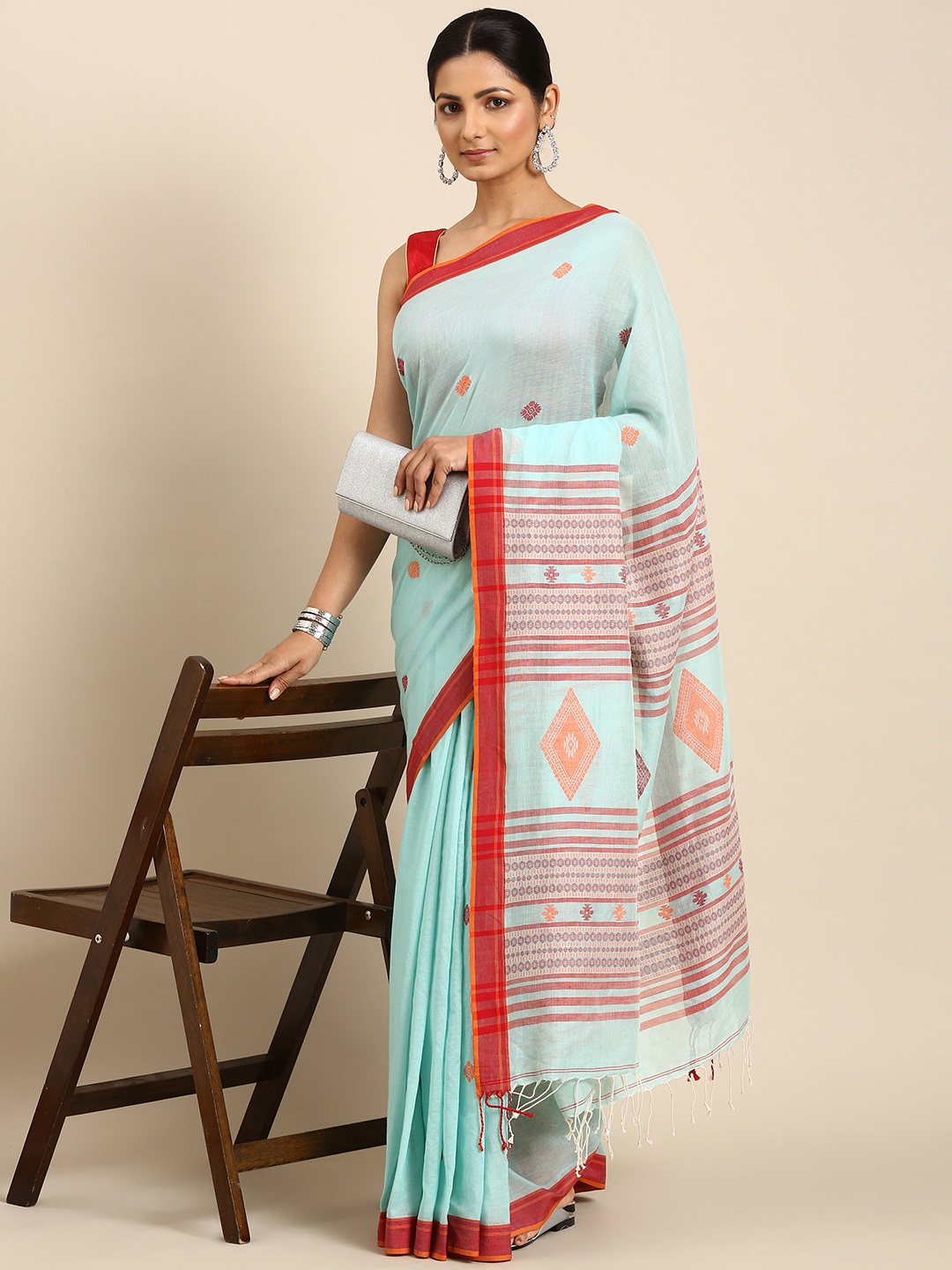 

ArtEastri Ethnic Motifs Pure Cotton Taant Saree, Turquoise blue