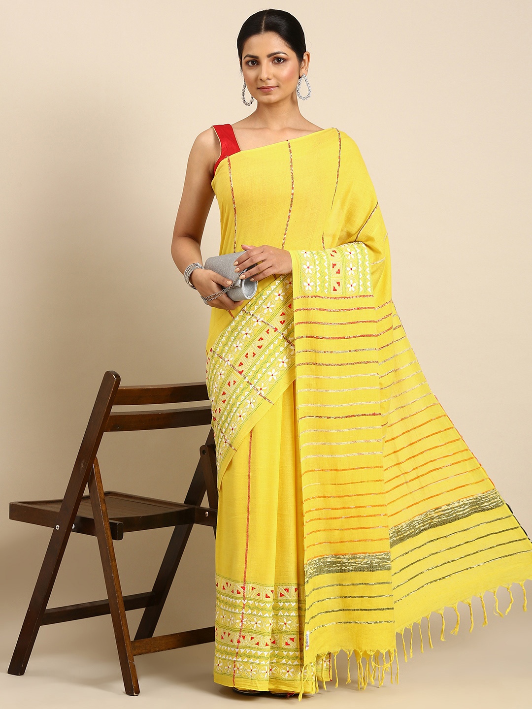 

ArtEastri Striped Embroidered Pure Cotton Taant Saree, Yellow