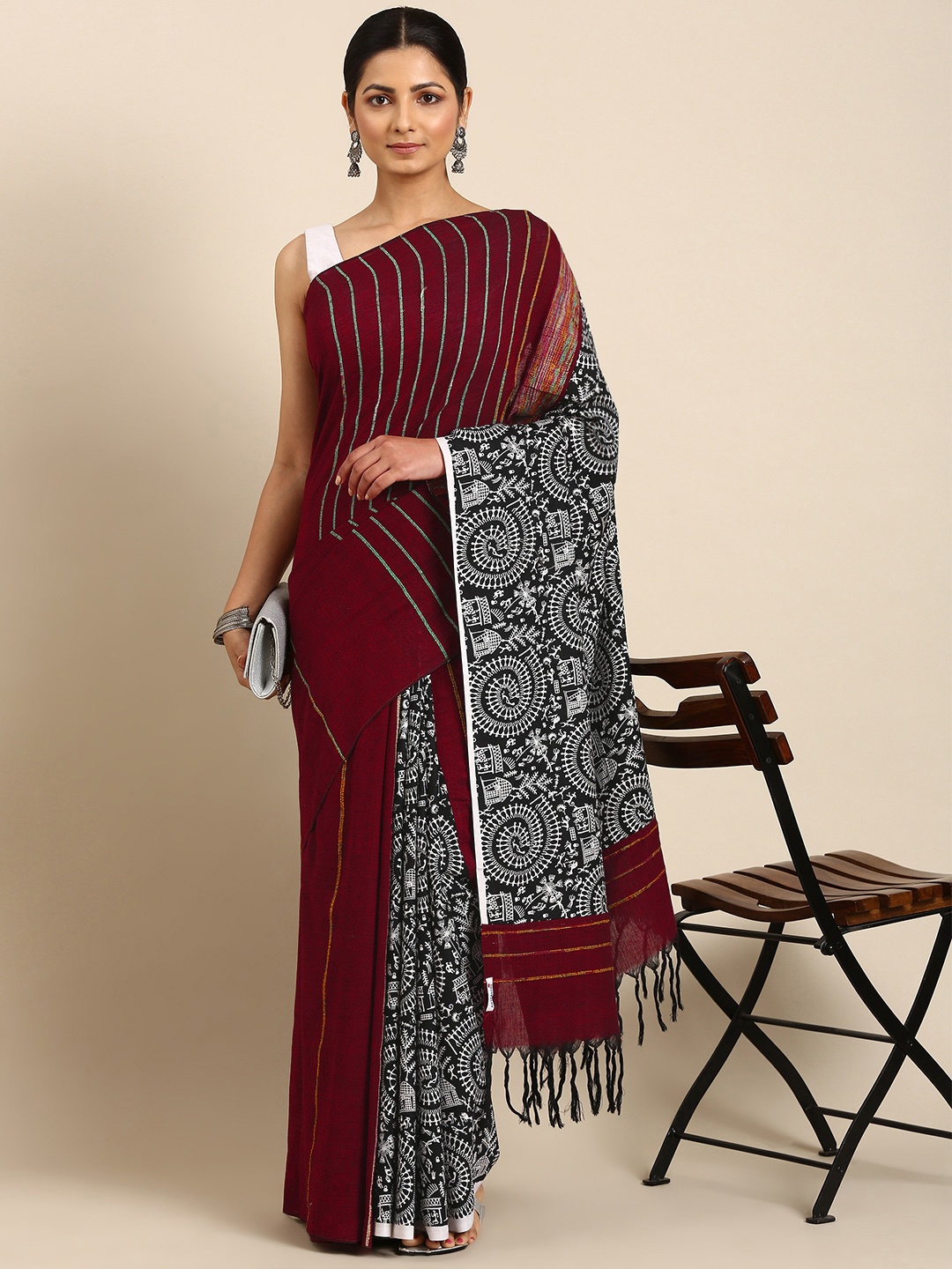 

ArtEastri Ethnic Motifs Pure Cotton Taant Saree, Maroon