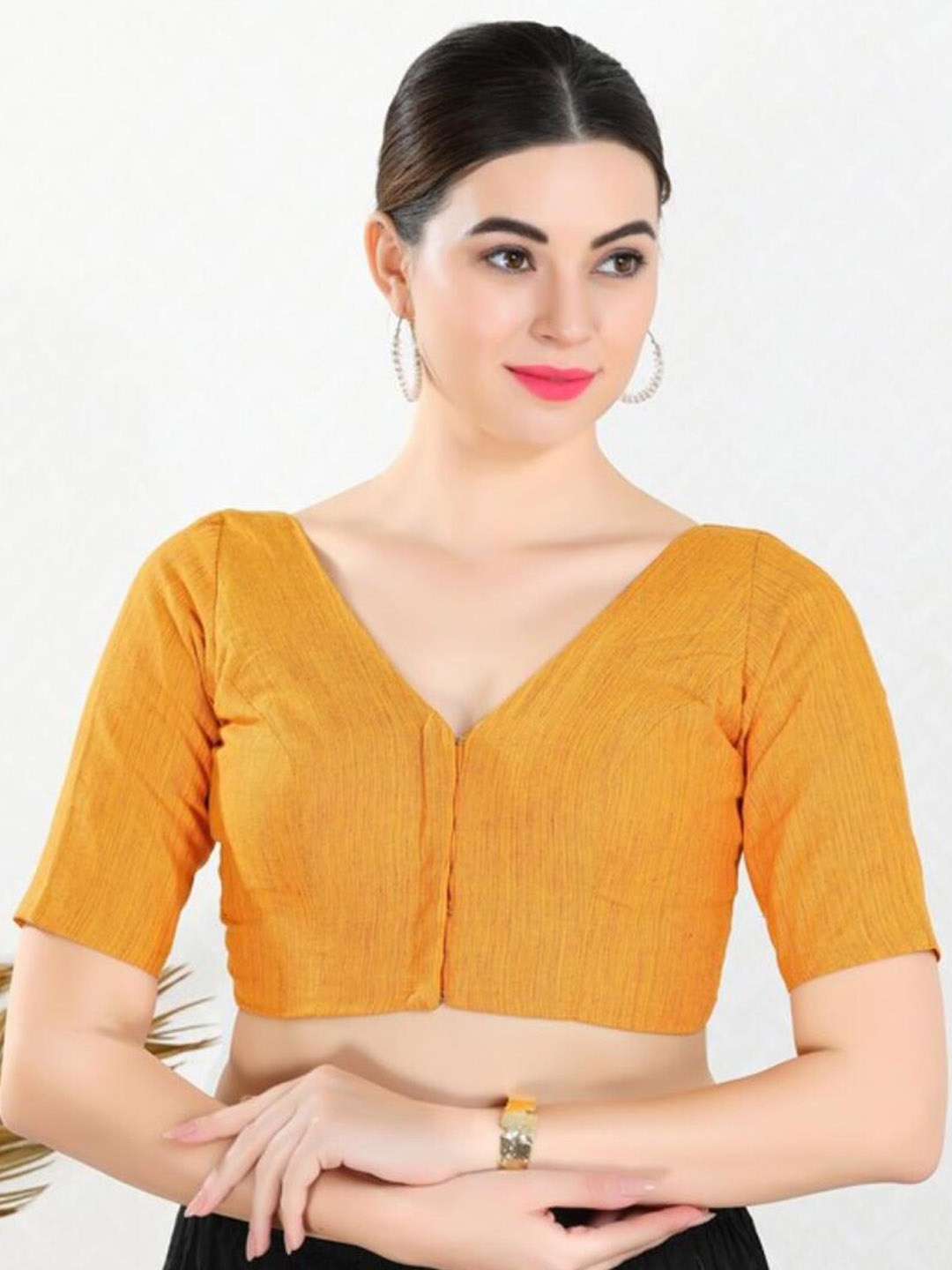 

SALWAR STUDIO V-Neck Cotton Saree Blouse, Mustard