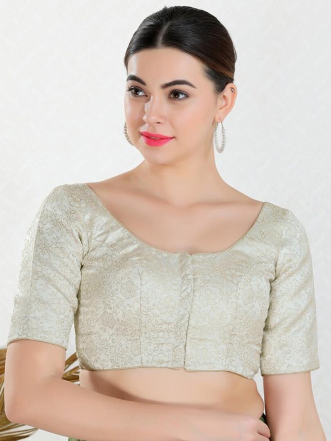 

SALWAR STUDIO Floral Printed Readymade Saree Blouse, Cream