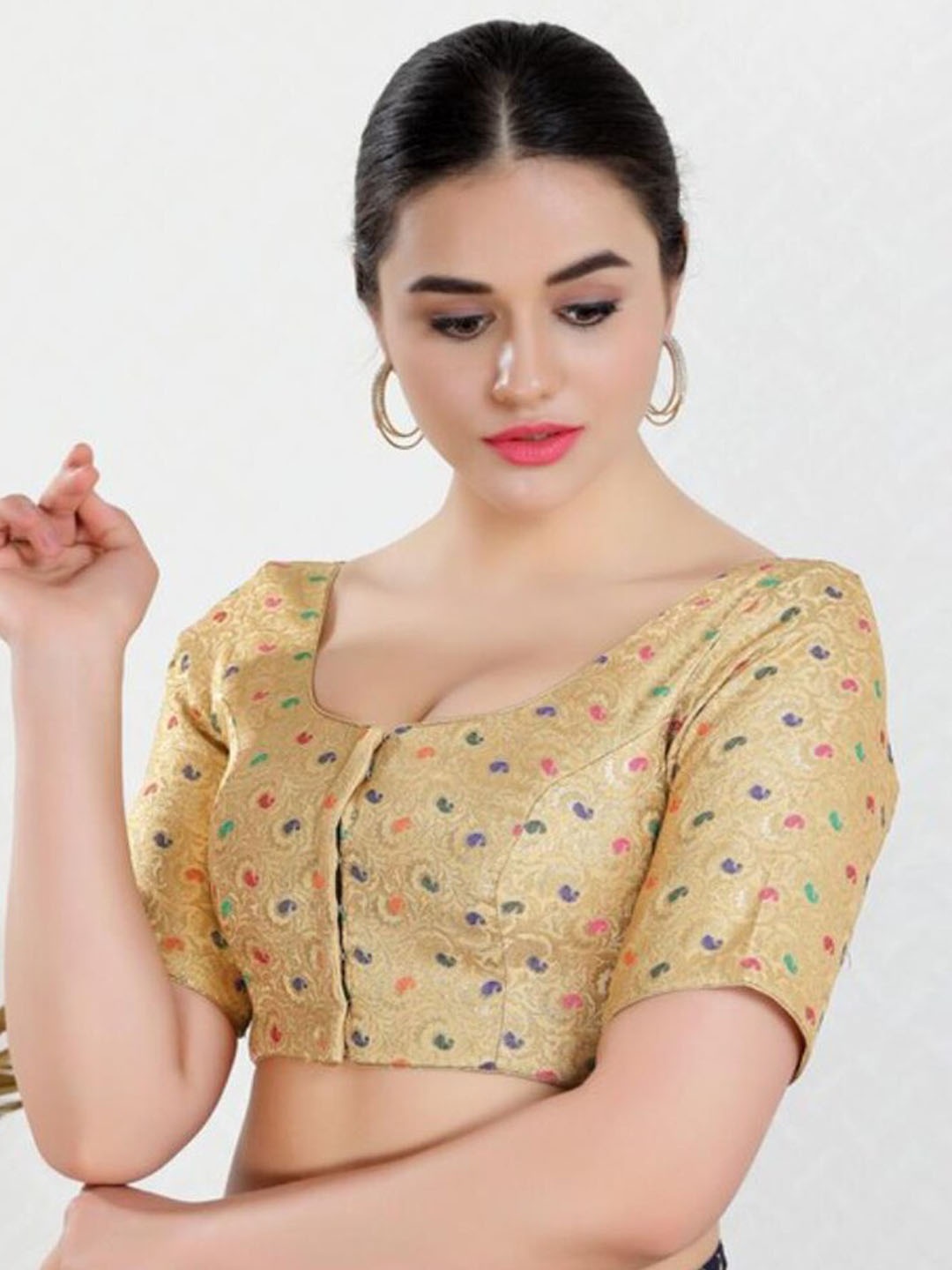 

SALWAR STUDIO Paisley Motif Printed Readymade Saree Blouse, Gold