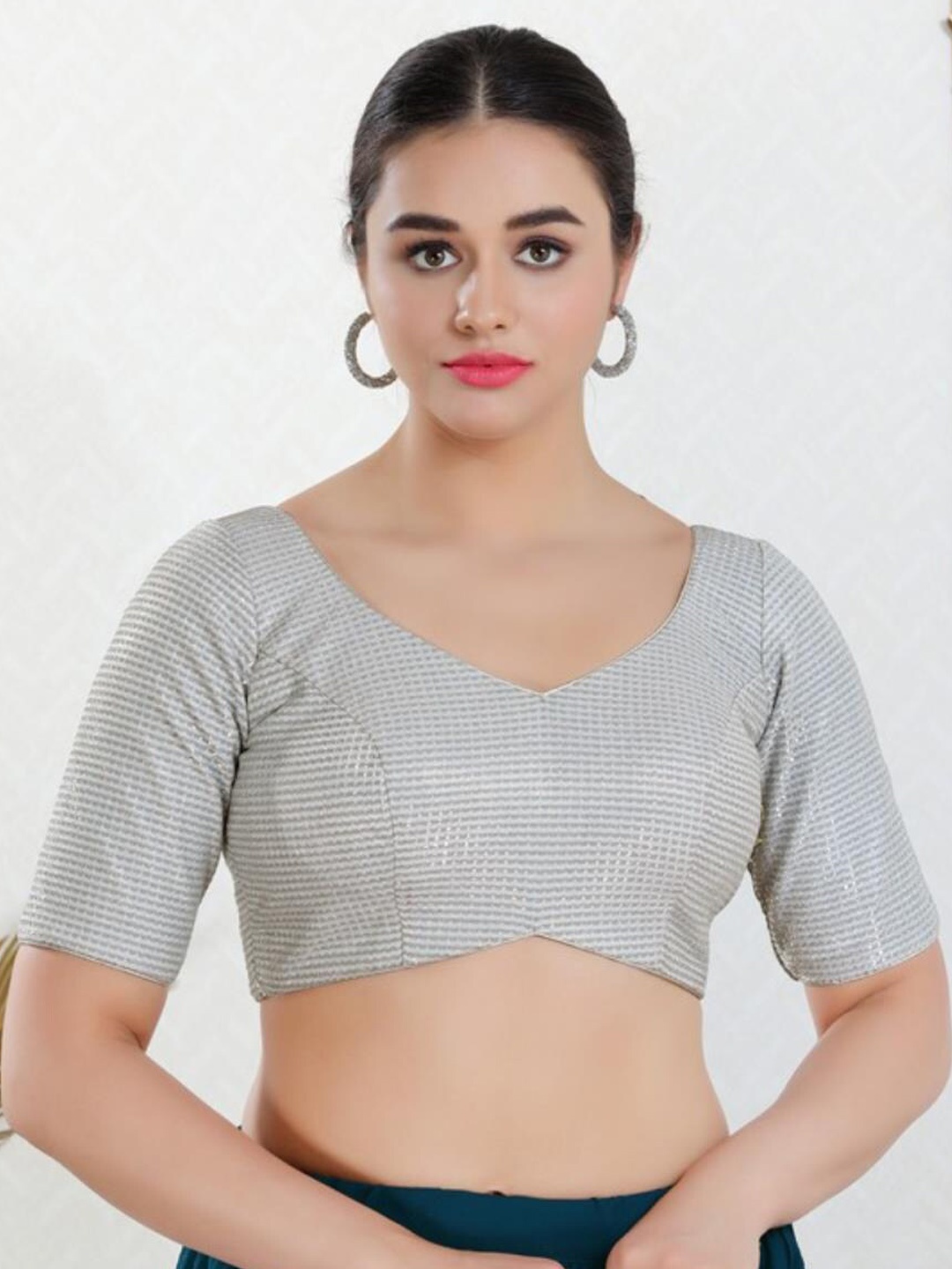

SALWAR STUDIO Woven Design Readymade Saree Blouse, Silver