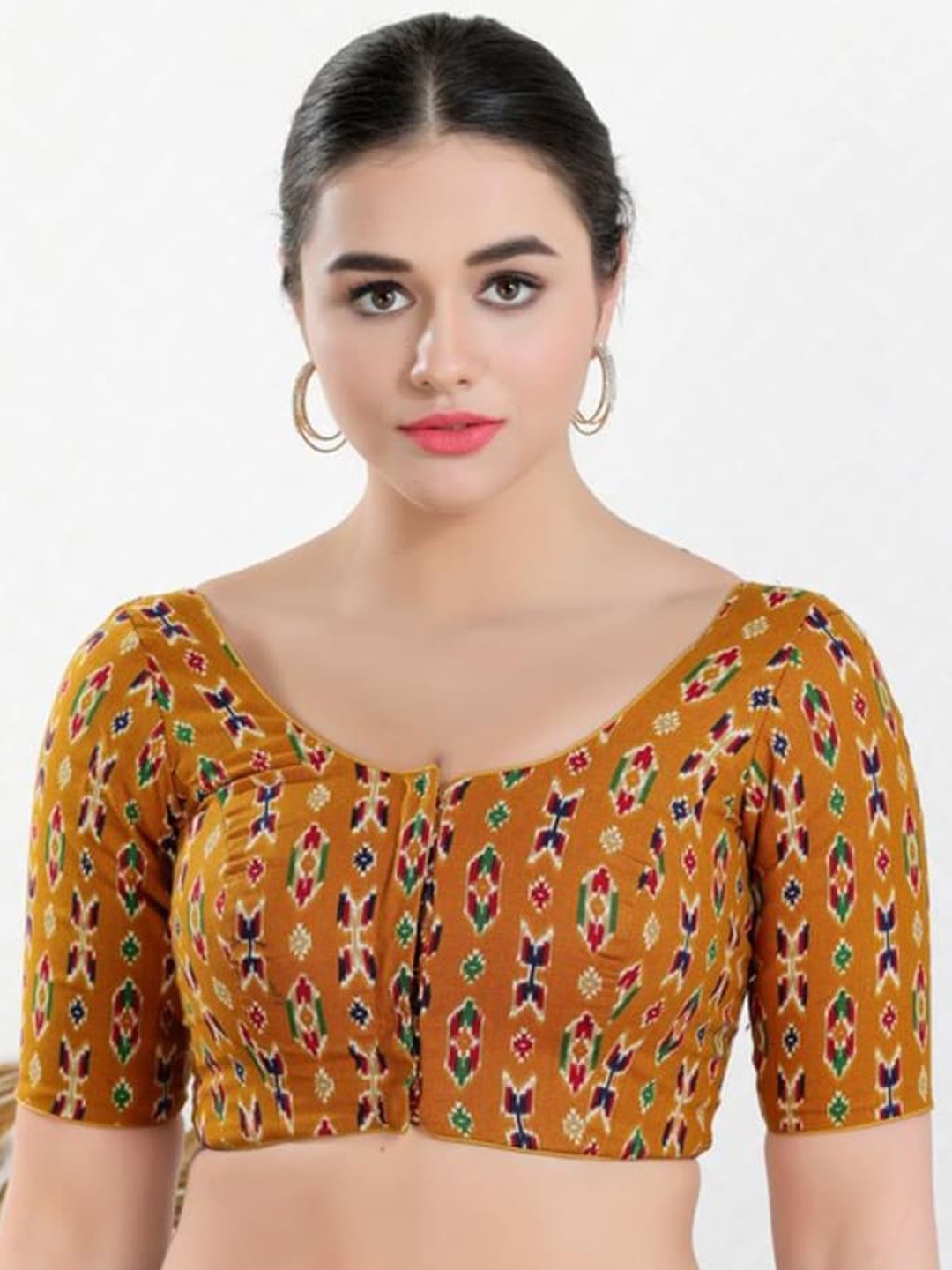 

SALWAR STUDIO Ethnic Motif Printed Round Neck Readymade Saree Blouse, Mustard