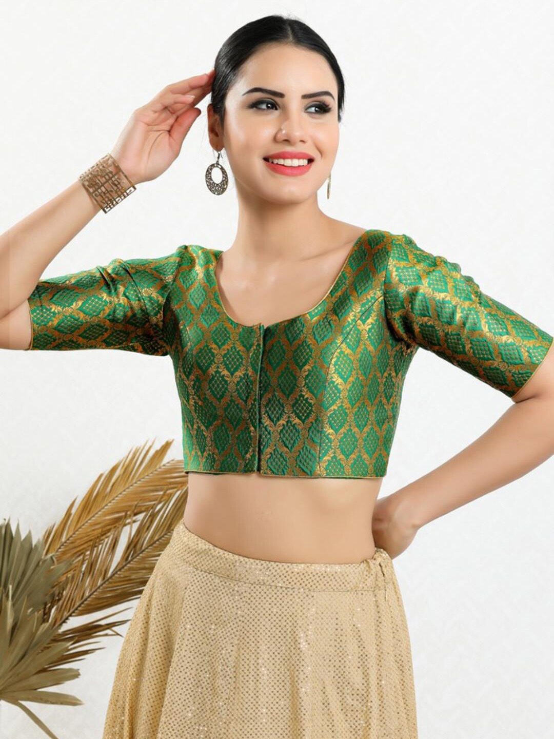 

SALWAR STUDIO Ethnic Motif Printed Readymade Saree Blouse, Green