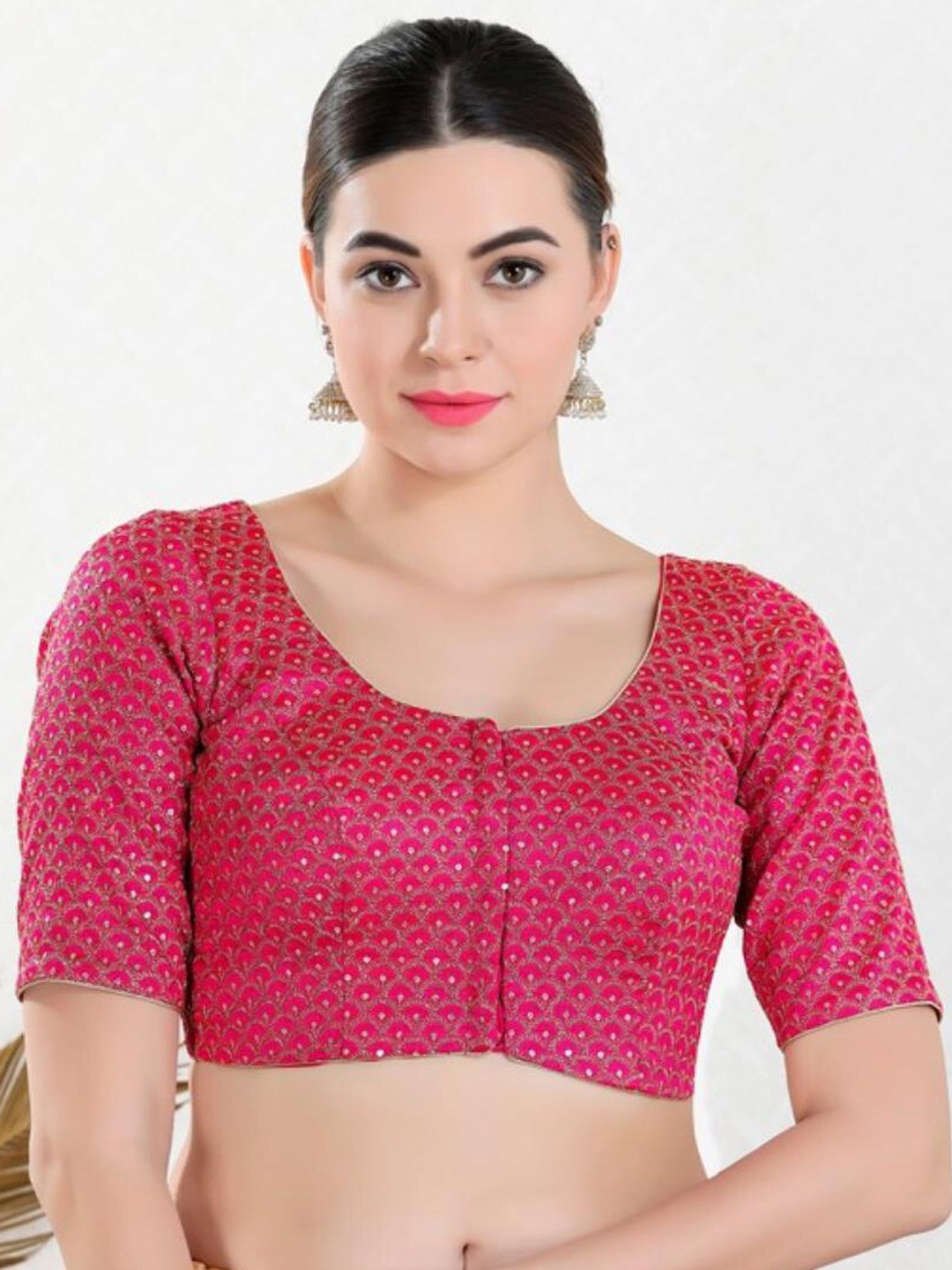 

SALWAR STUDIO Woven Design Readymade Saree Blouse, Pink