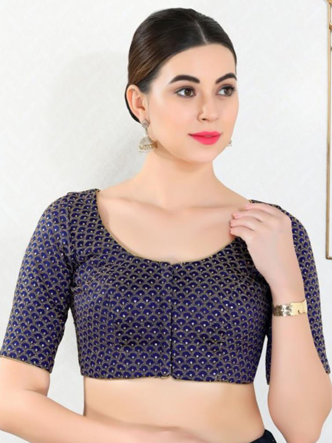 

SALWAR STUDIO Woven Design Readymade Saree Blouse, Navy blue