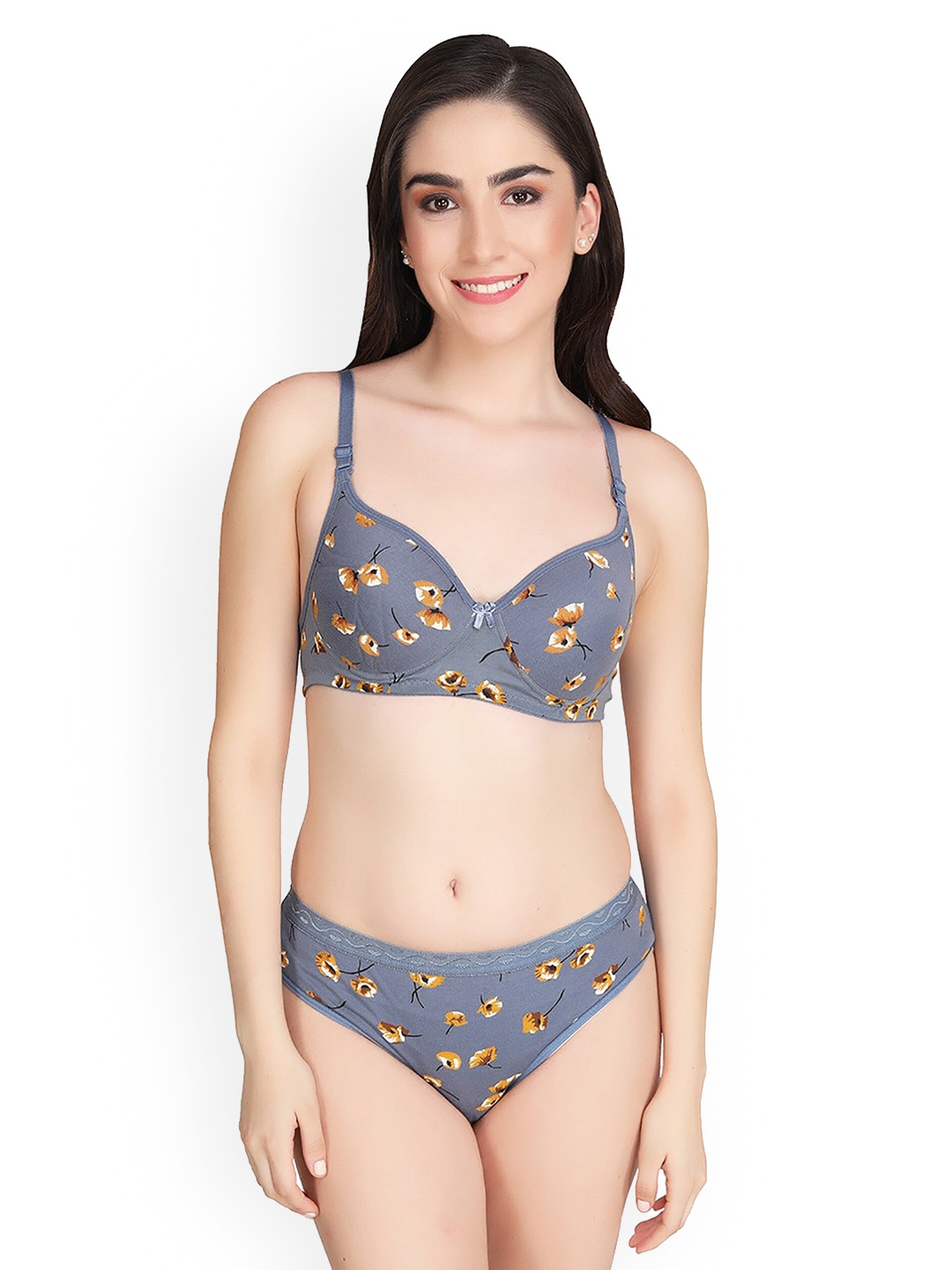 

PIBU Floral Printed Cotton Lingerie Set, Grey
