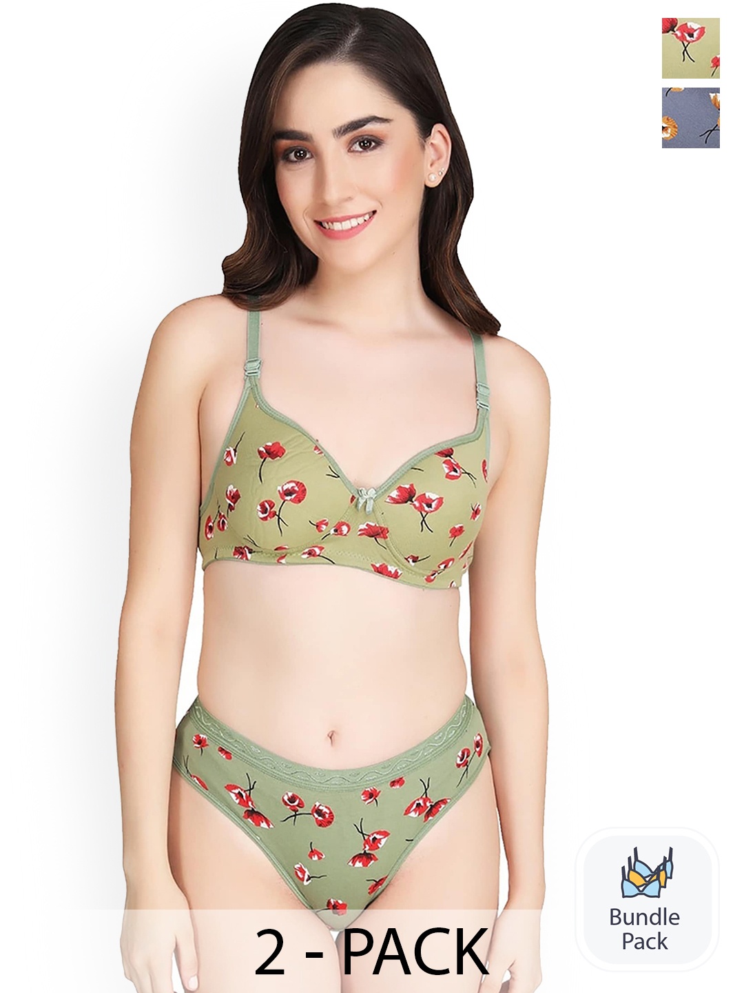 

Aamarsh Pack Of 2 Floral Printed Cotton Lingerie Set, Green