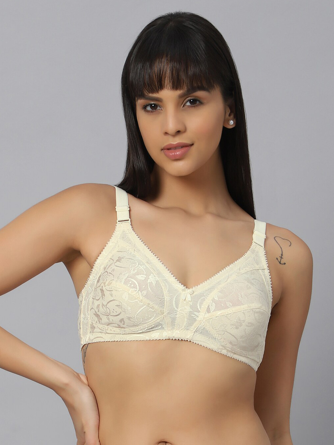 

Bluenixie Floral Self Designed Full Coverage Cotton Bra With All Day Comfort, Cream