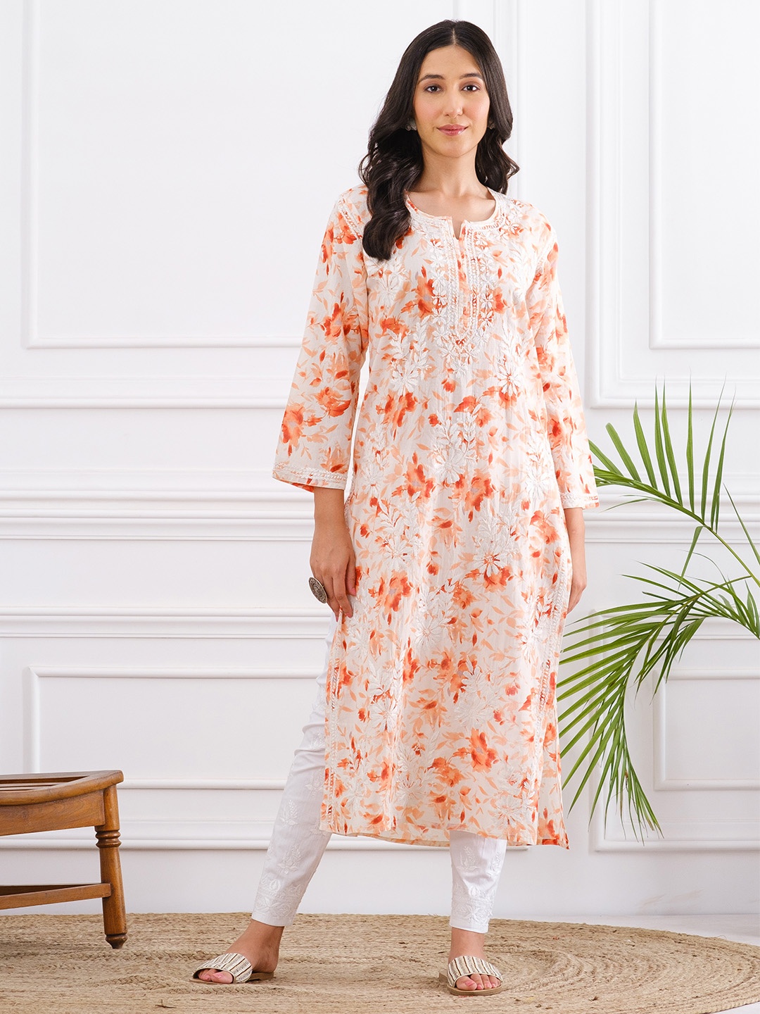 

Chowkhat Floral Printed Regular Chikankari Straight Kurta, Orange