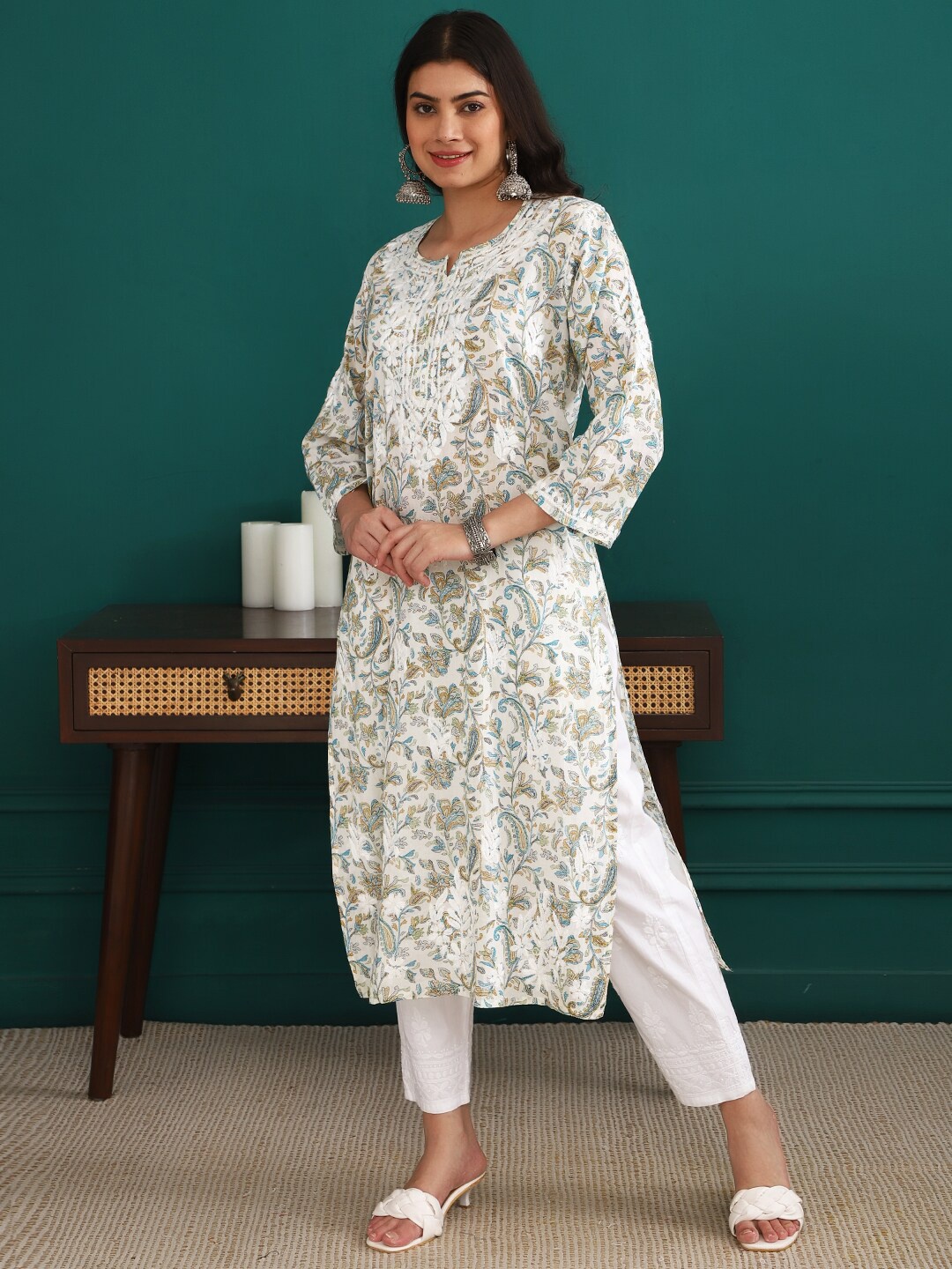 

Chowkhat Paisley Printed Thread Work Straight Kurta, White