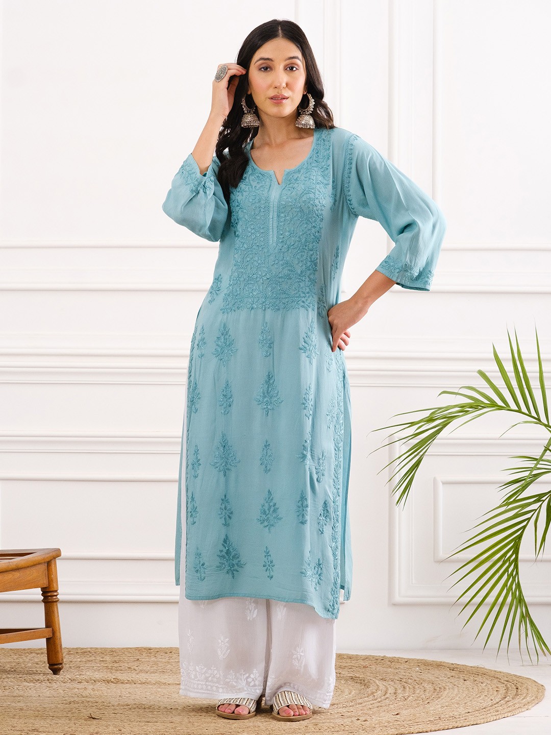 

Chowkhat Ethnic Motifs Embroidered Regular Chikankari Modal Straight Kurta, Blue