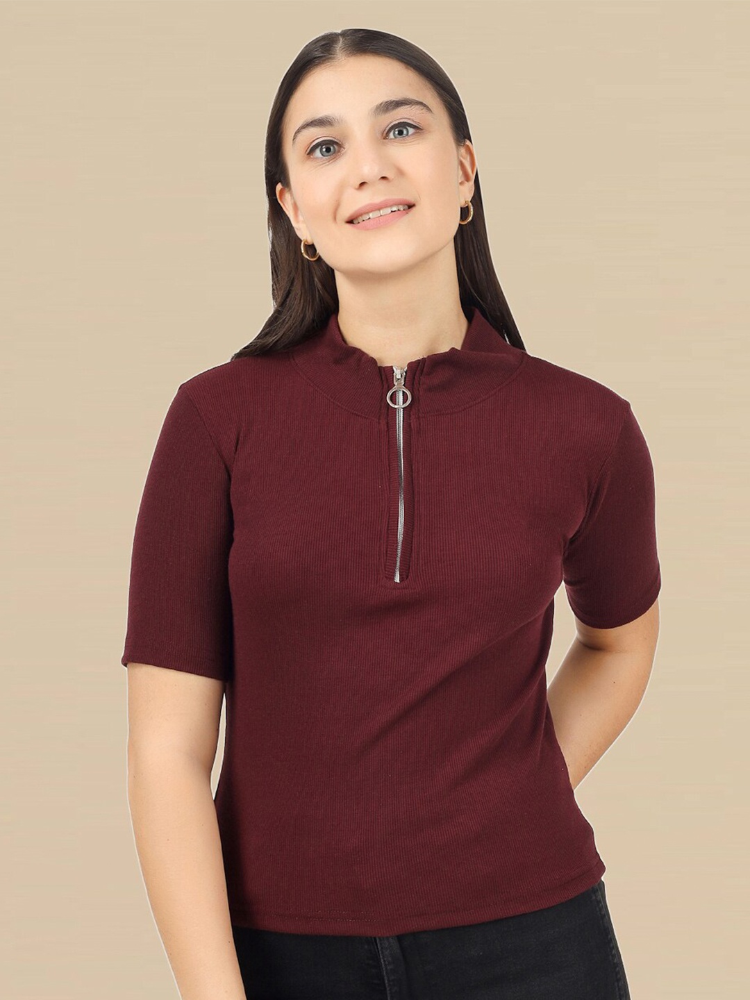 

DressBerry High Neck Half Zipper Ribbed Cotton Top, Maroon