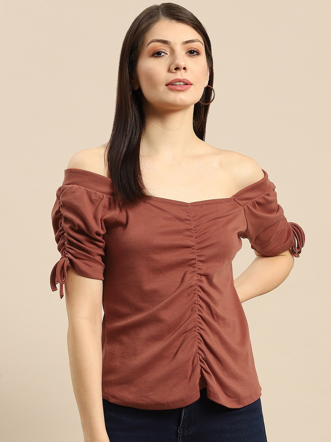 

DressBerry Ruched Off-Shoulder Pure Cotton Top, Brown