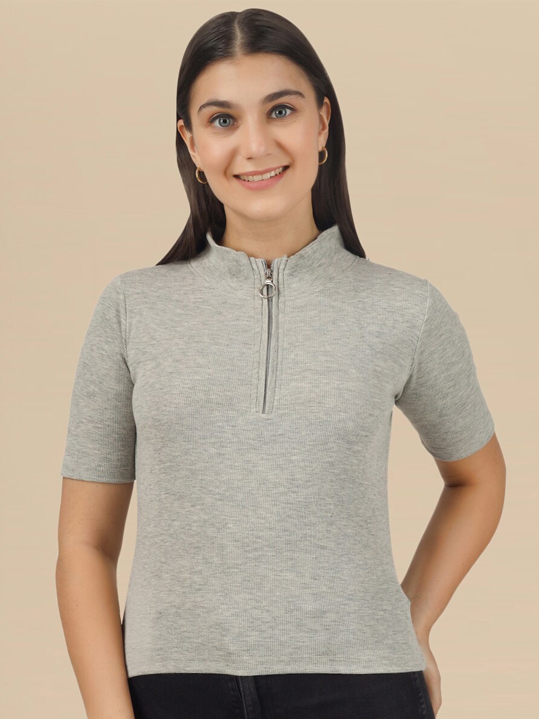 

DressBerry High Neck Half Zipper Ribbed Cotton Top, Grey