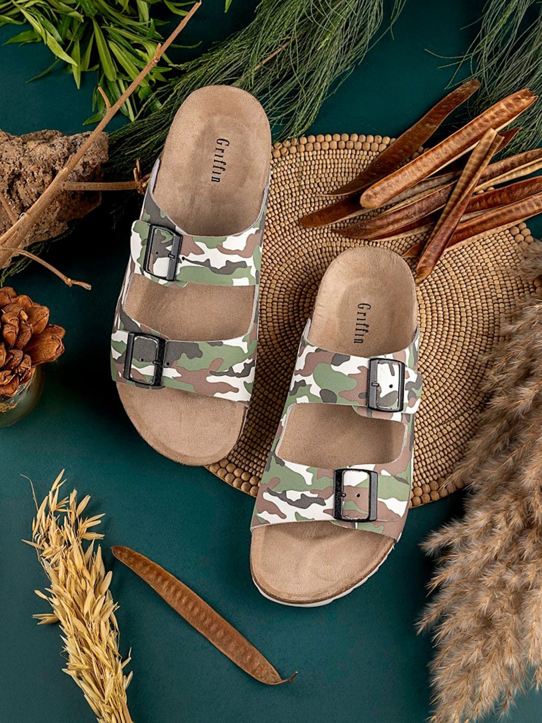

GRIFFIN Men Camouflage Printed Comfort Sandals, Olive