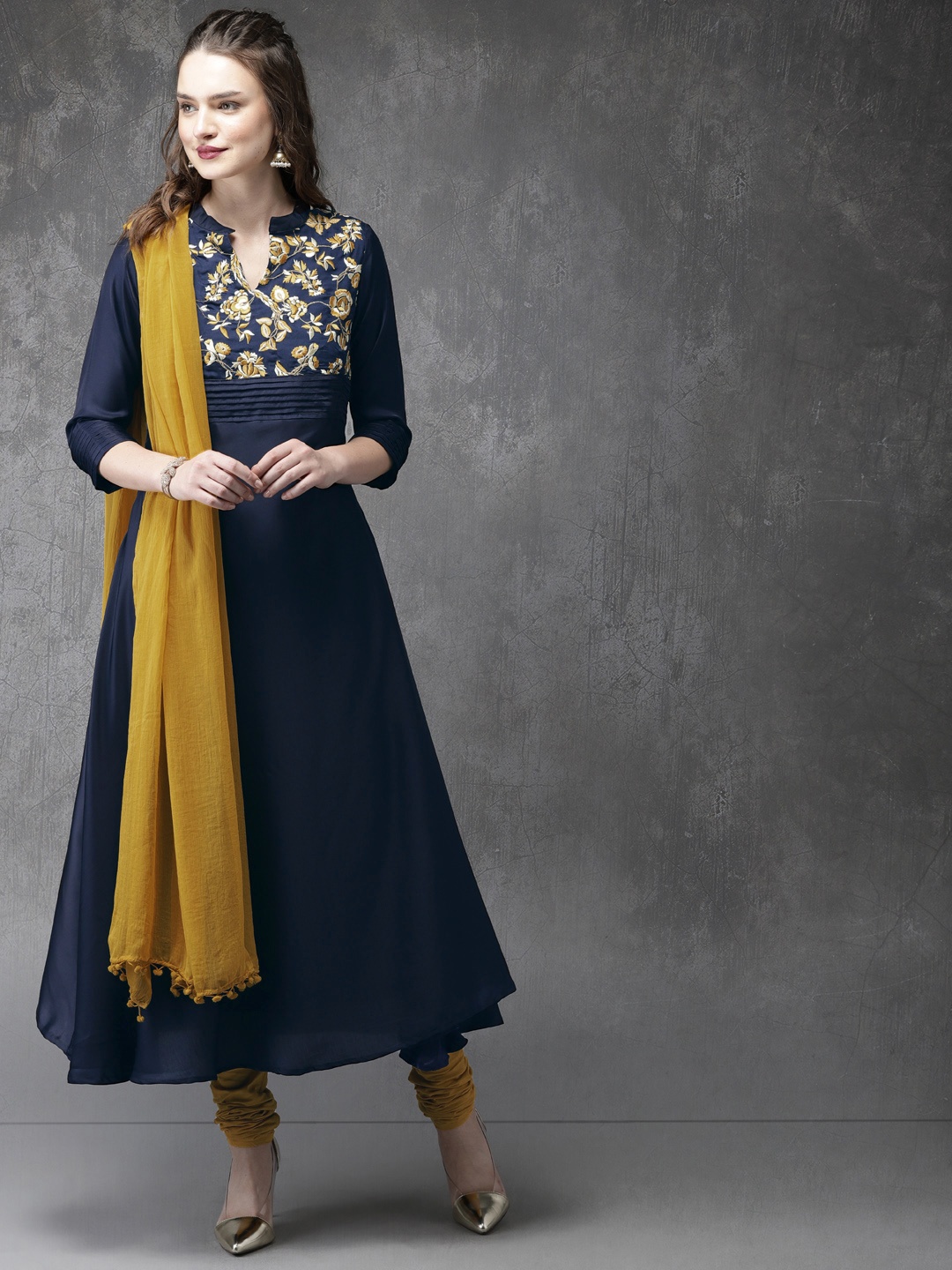 

Anouk Women Navy Blue & Mustard Yellow Embroidered Kurta with Churidar & Dupatta