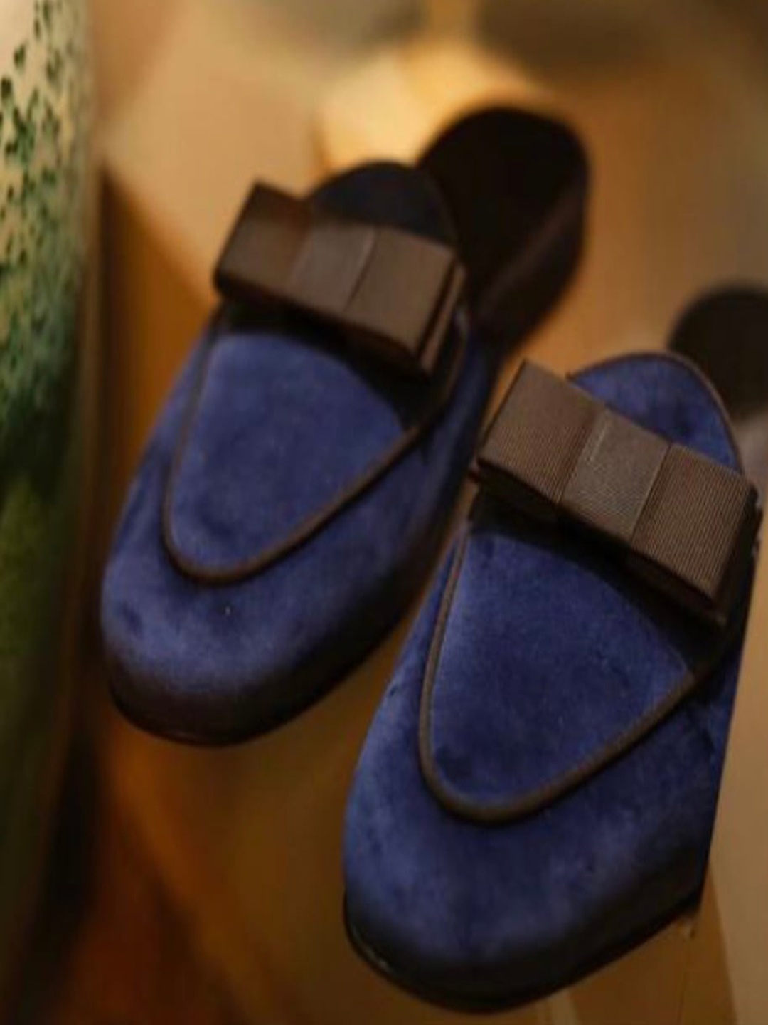 

GRIFFIN Men Leather Latex Lined Mules With Bow Detail, Navy blue