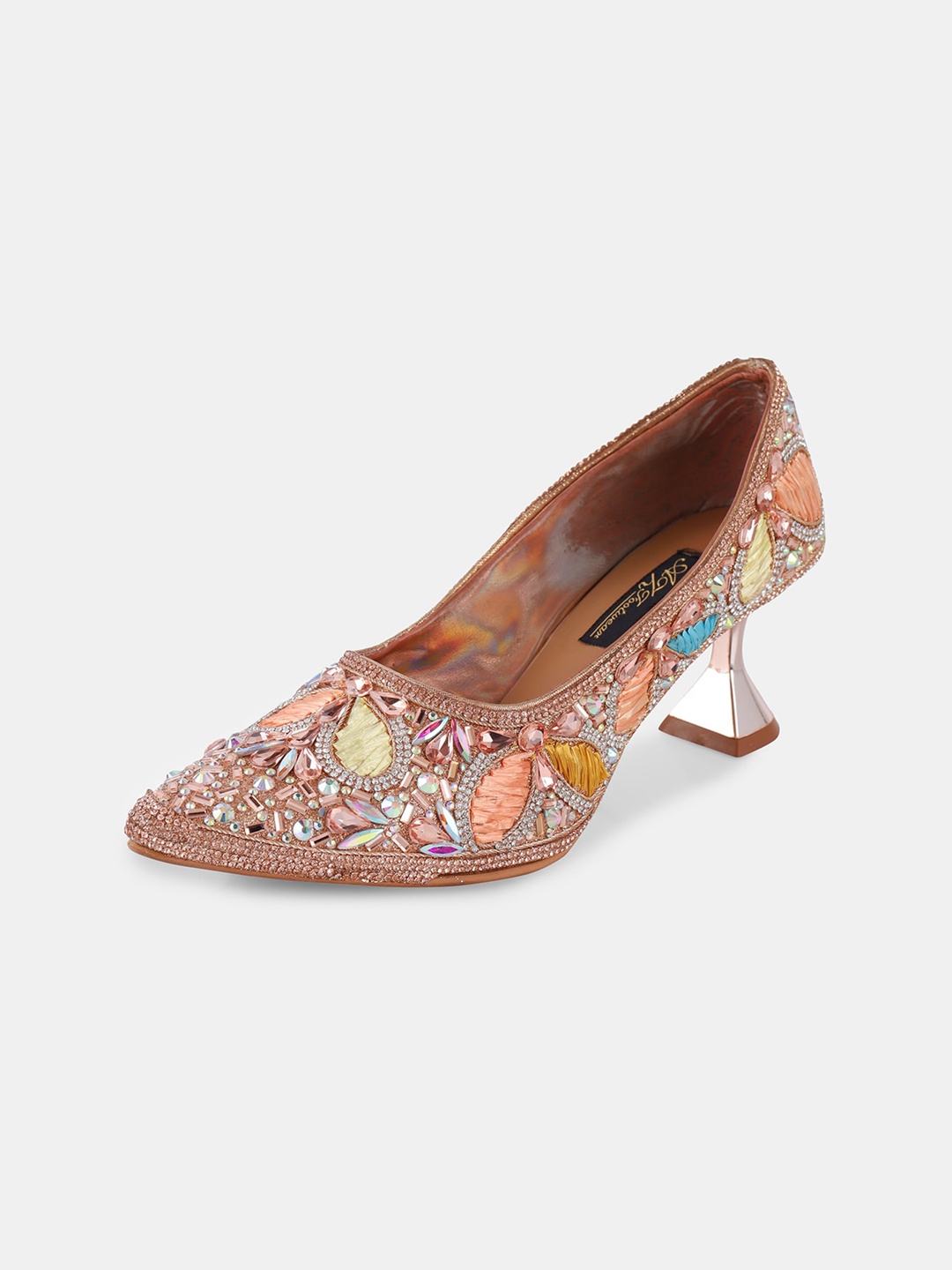 

AZ Footwear Pointed Toe Ethnic Embellished Party Block Pumps, Rose gold