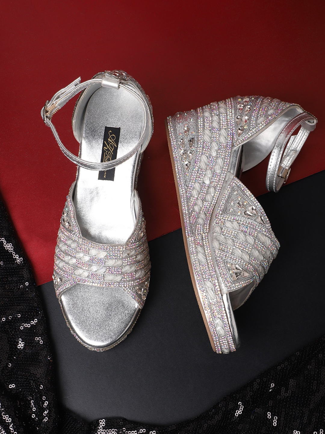 

AZ Footwear Party Embellished Wedges With Ankle Loop, Silver