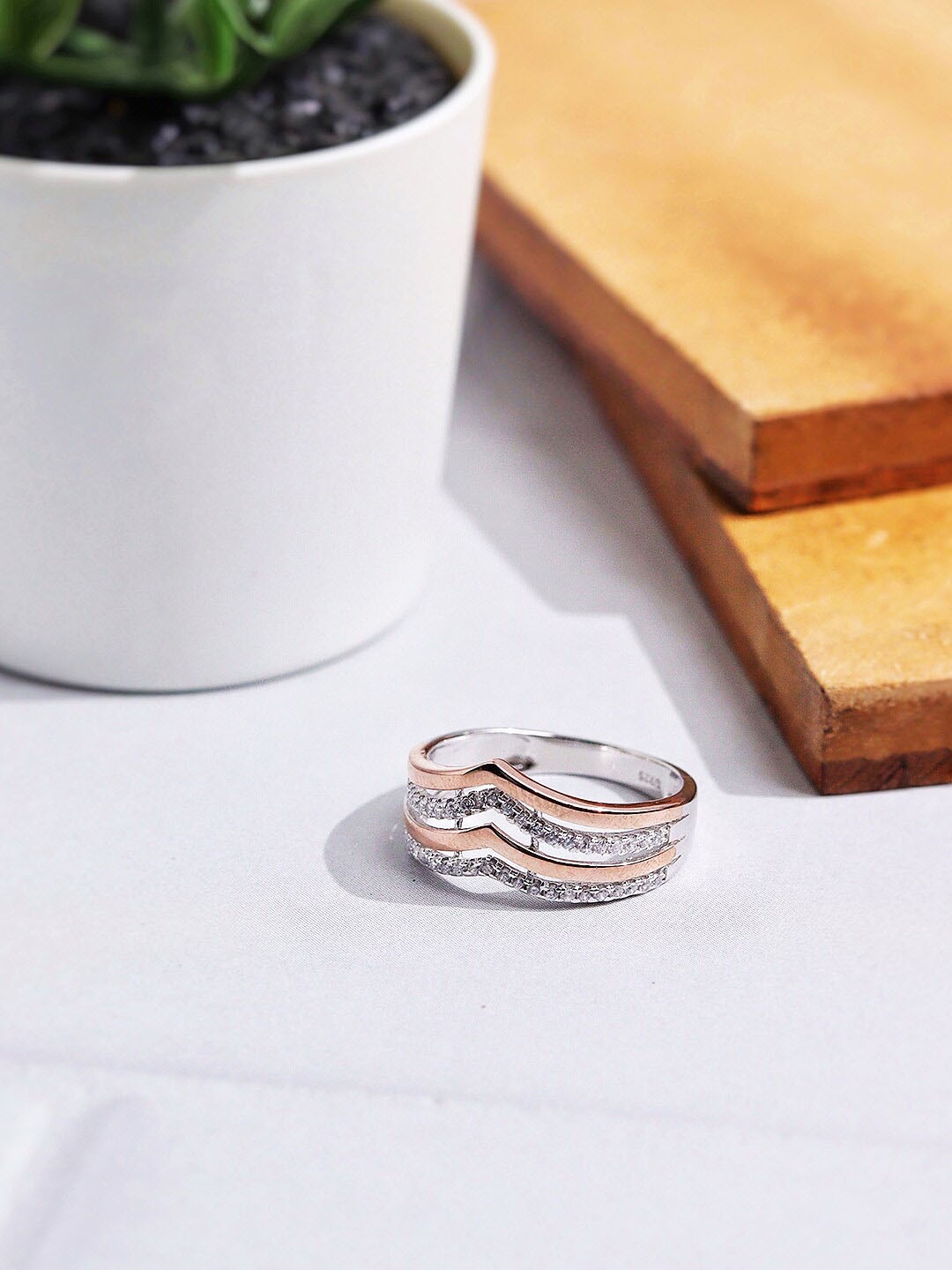 

CURIO COTTAGE 92.5% Pure Silver Rose Gold-Plated Cubic Zirconia Studded Finger Ring