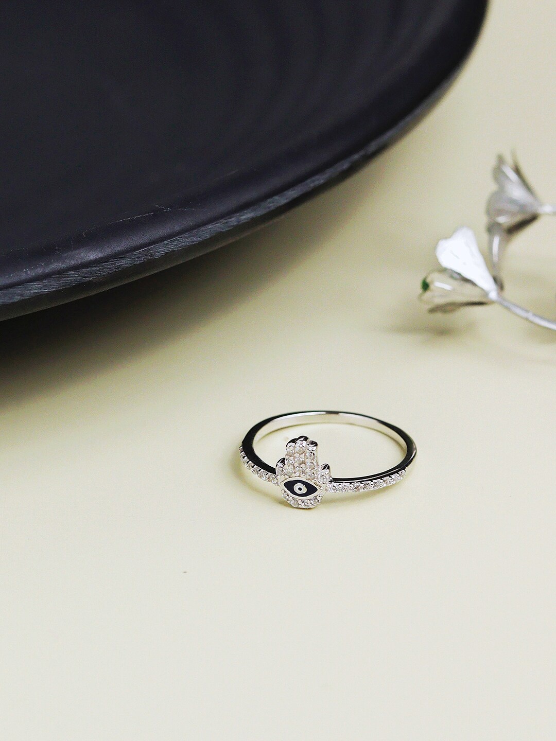 

CURIO COTTAGE 925 Pure Silver Rhodium-plated CZ-studded Finger Ring