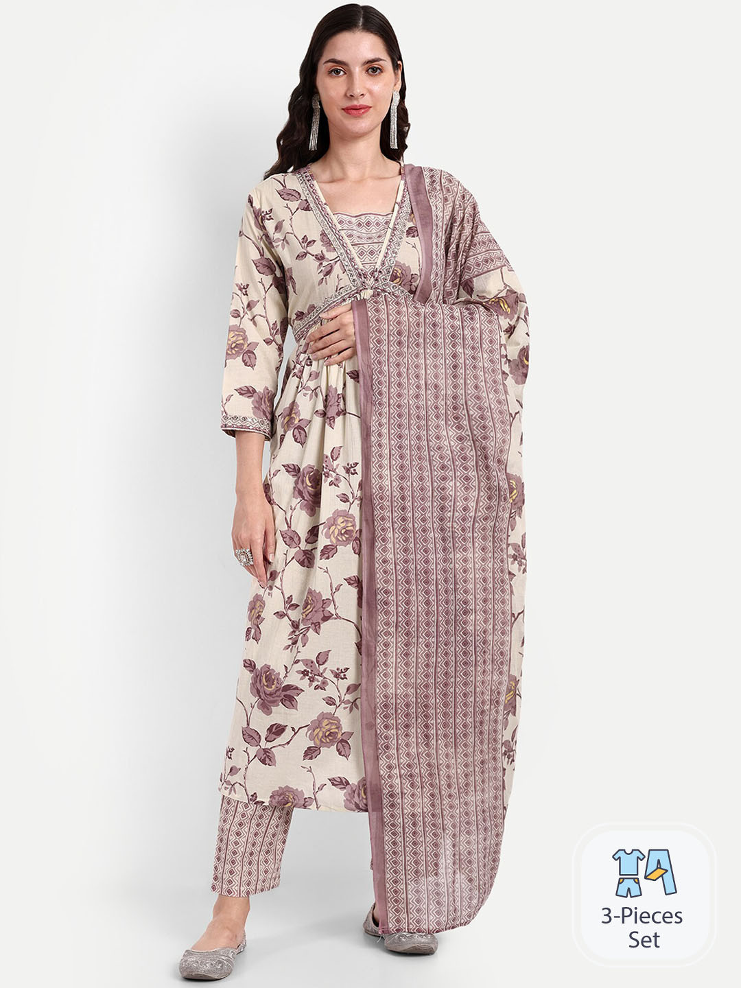 

SINGNI Floral Printed V-Neck Sequinned Pure Cotton Anarkali Kurta with Trousers & Dupatta, White