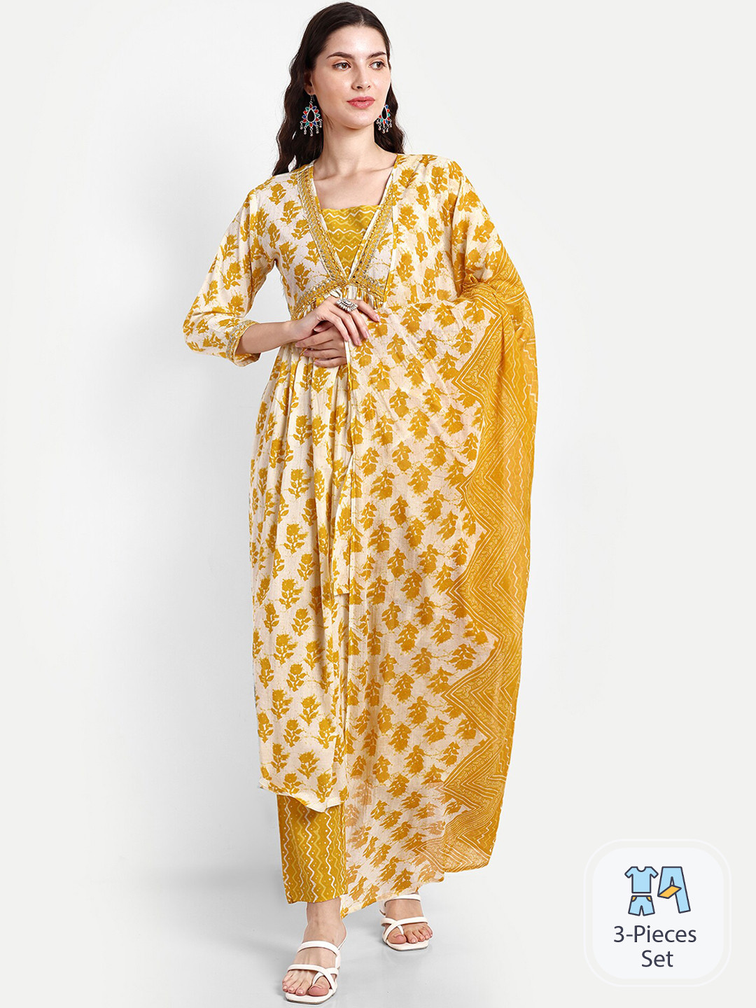 

SINGNI Floral Printed Mirror Work Pure Cotton Empire A-Line Kurta & Trousers With Dupatta, Yellow