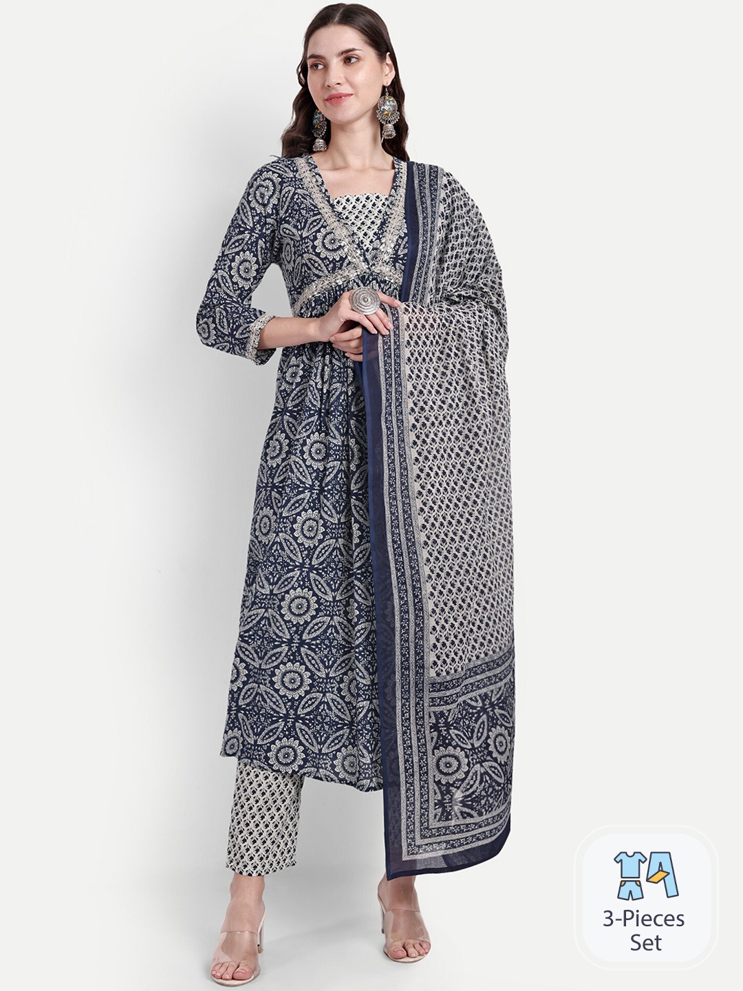

SINGNI Floral Printed Sequined Pure Cotton Empire A-Line Kurta & Trousers With Dupatta, Blue