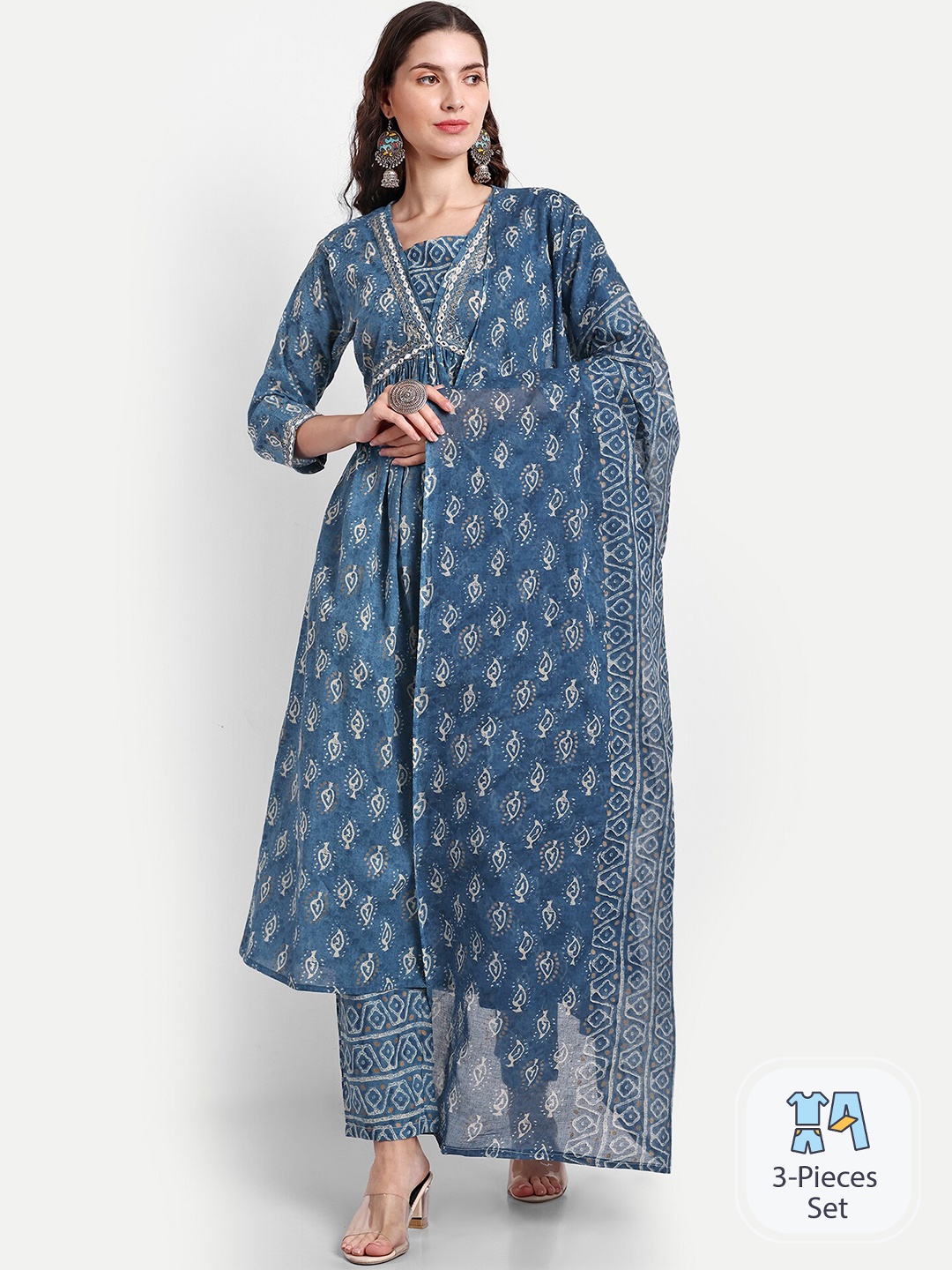 

SINGNI Floral Printed Empire Pure Cotton Kurta & Trousers With Dupatta, Blue
