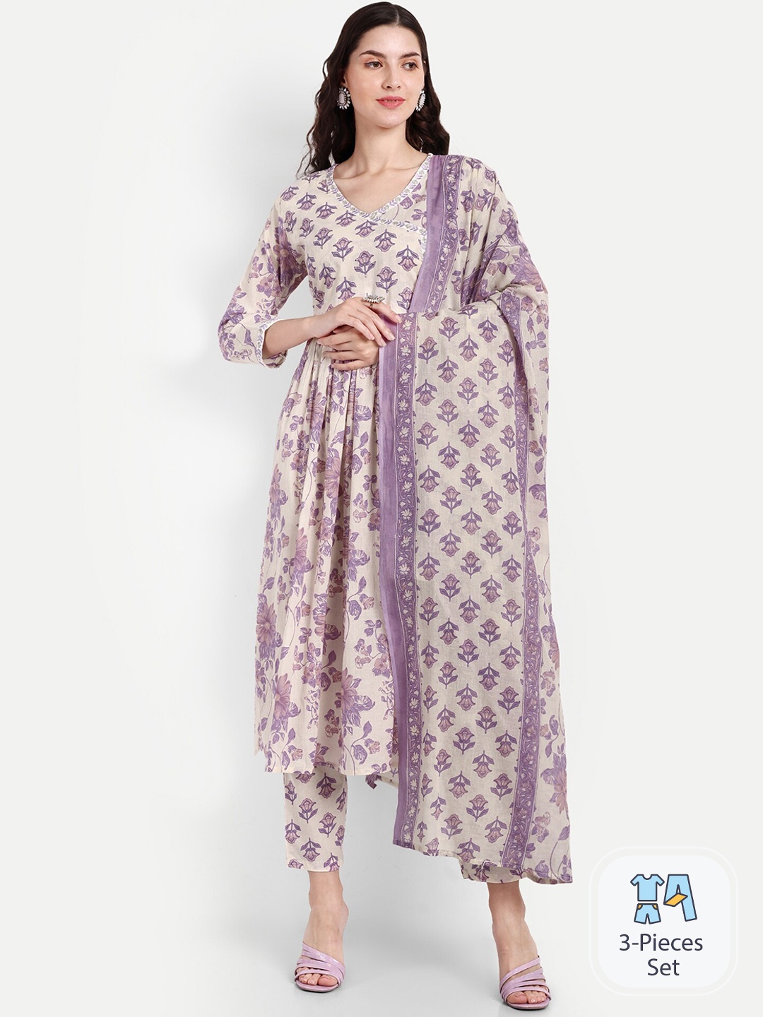 

SINGNI Floral Printed Sequined Pure Cotton Angrakha A-Line Kurta & Trousers With Dupatta, White
