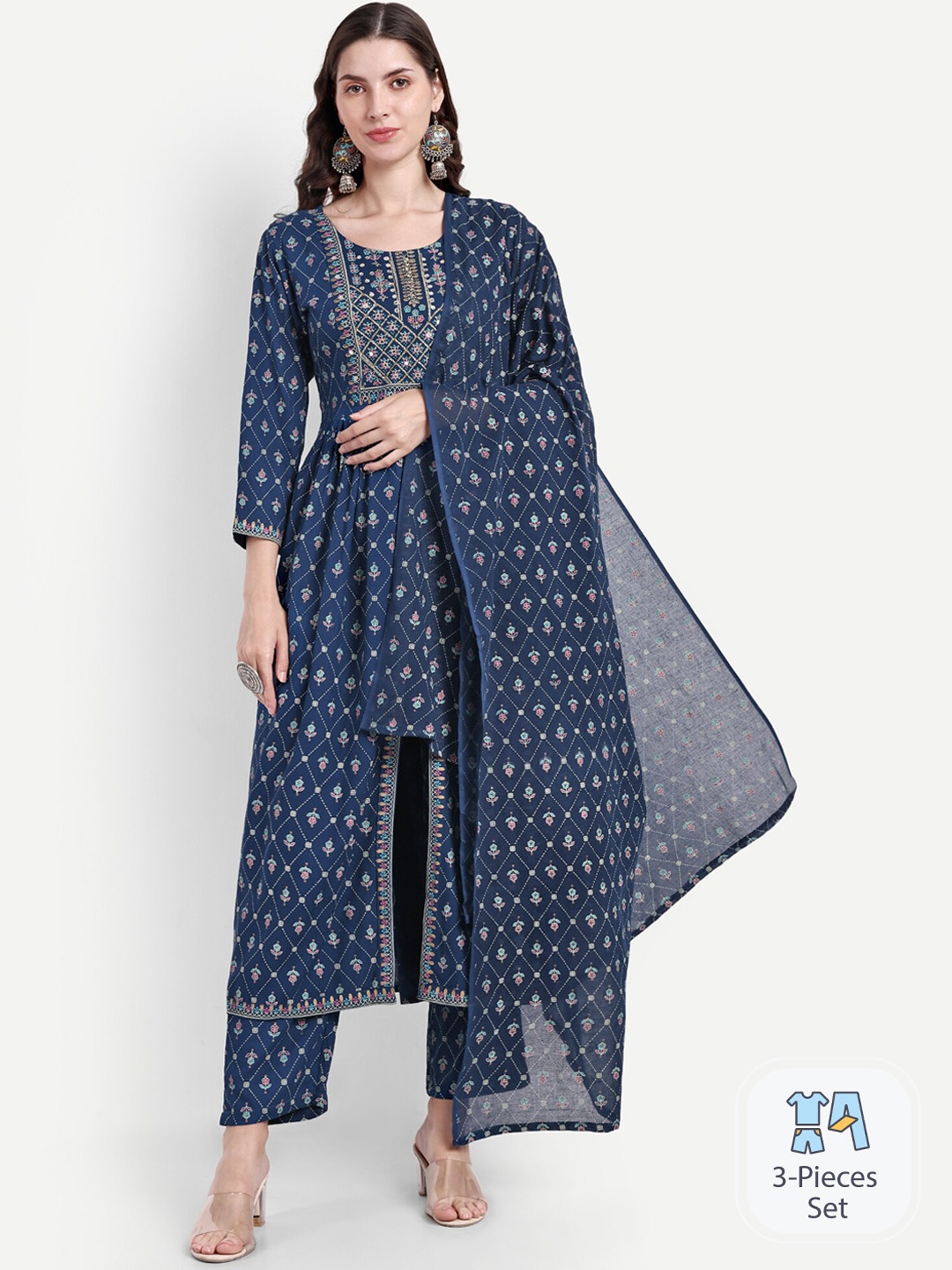 

SINGNI Floral Printed Mirror Work High Slit A-Line Fusion Kurta & Trousers With Dupatta, Blue