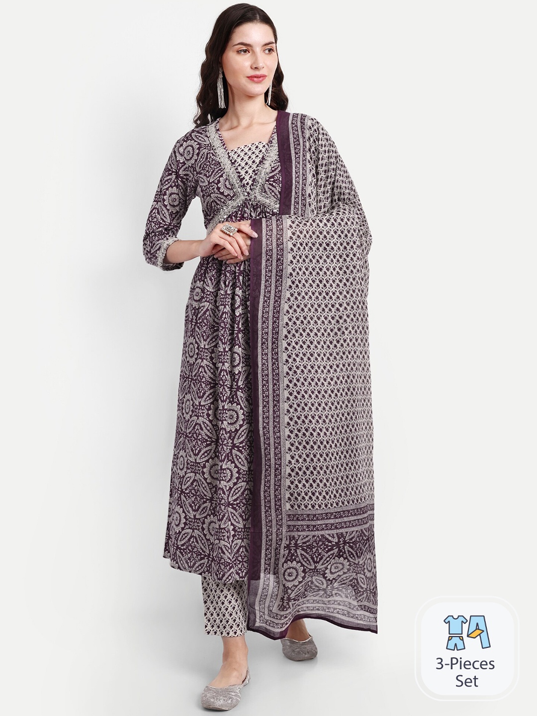 

SINGNI Ethnic Motifs Printed Empire Sequinned Pure Cotton Kurta & Trousers With Dupatta, Purple