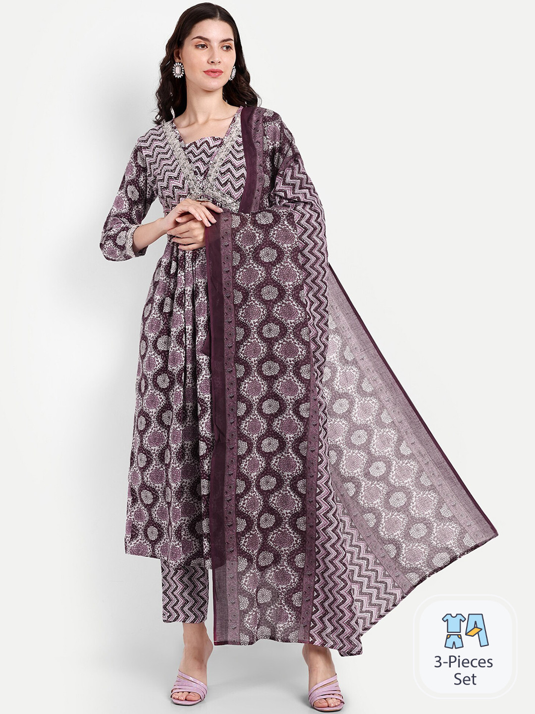 

SINGNI Floral Printed Sequined Pure Cotton Empire A-Line Kurta & Trousers With Dupatta, Purple