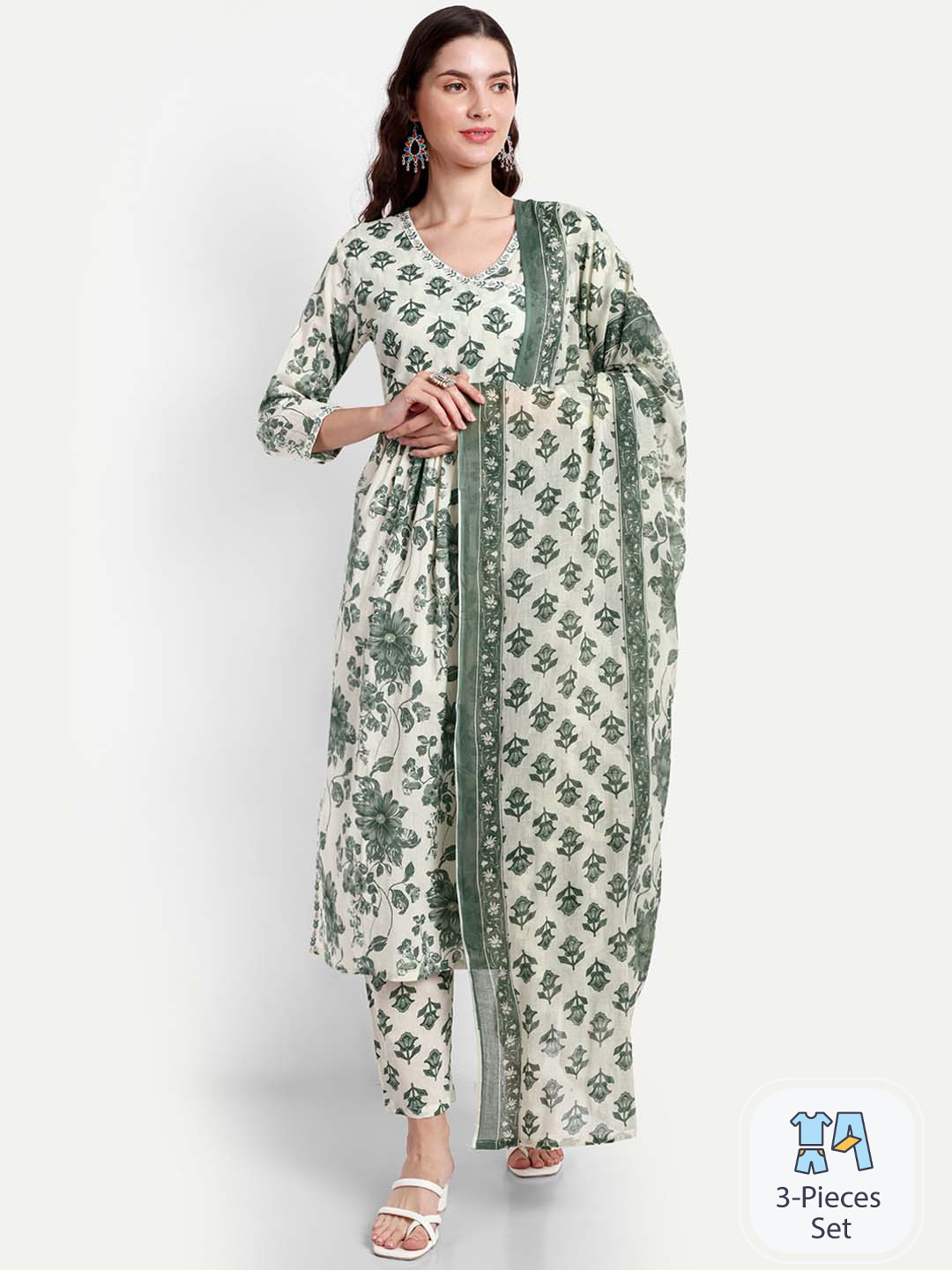 

SINGNI Floral Printed Angrakha Pure Cotton Kurta & Trousers With Dupatta, White