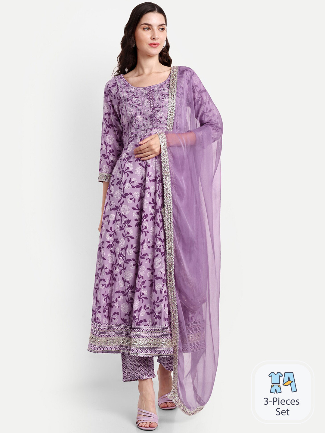 

SINGNI Floral Printed Mirror Work Pure Cotton Anarkali Kurta & Trousers With Dupatta, Lavender
