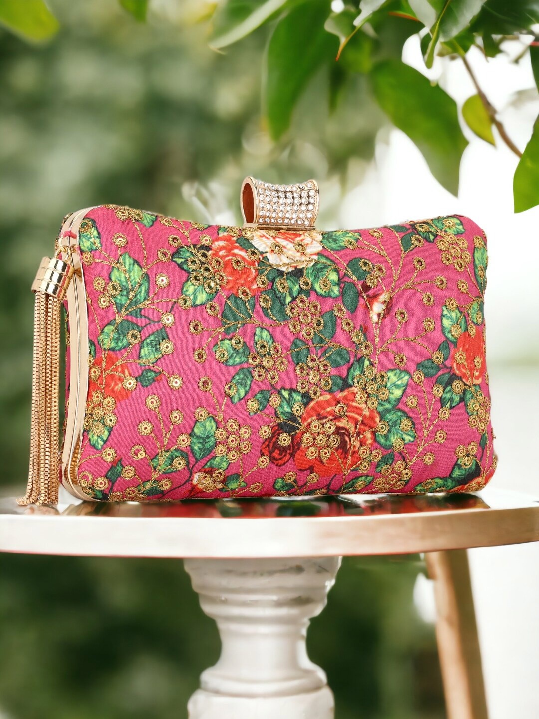 

Toobacraft Embroidered Box Clutch, Magenta