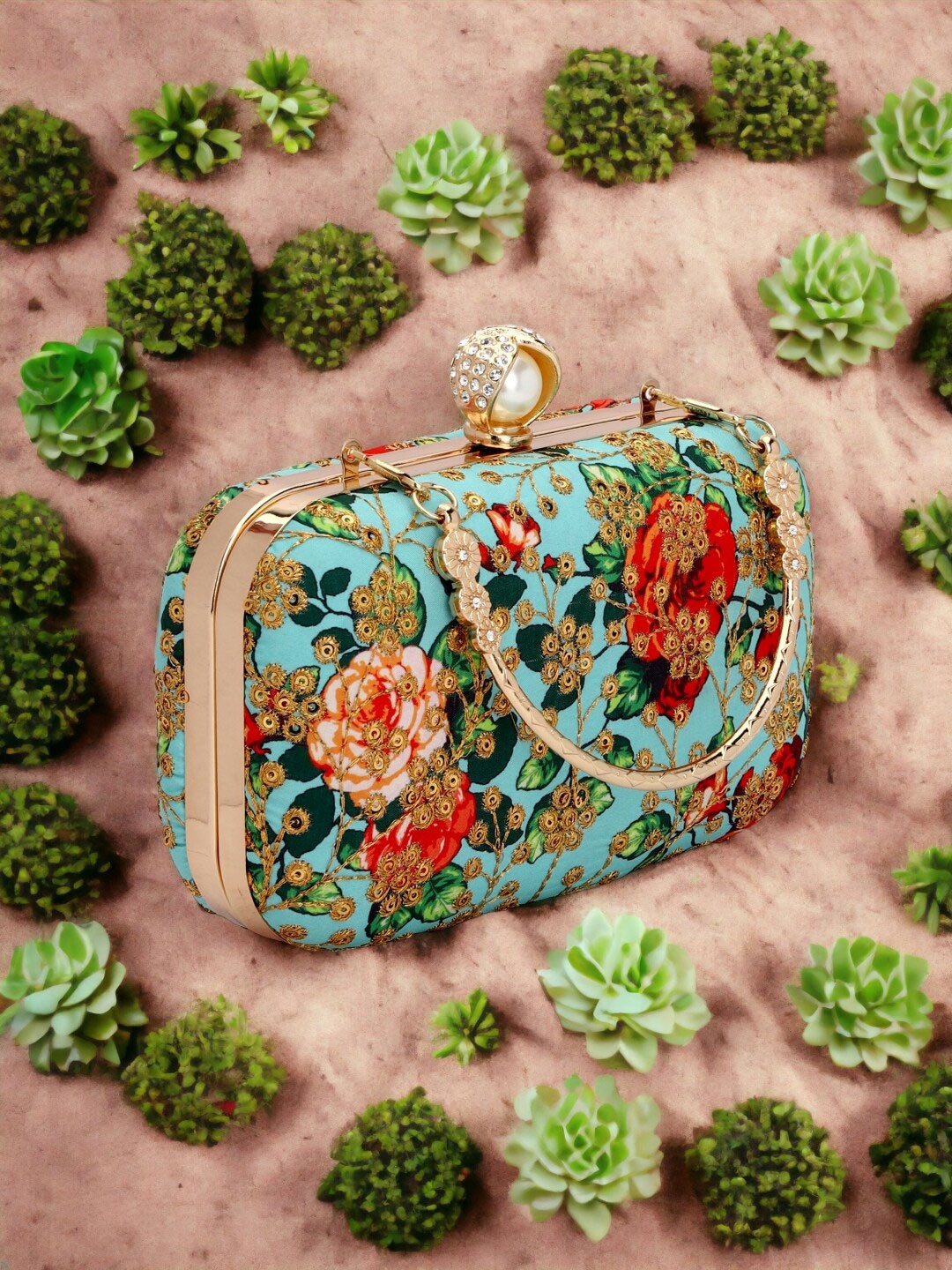 

Toobacraft Embroidered Embellished Box Clutch, Green