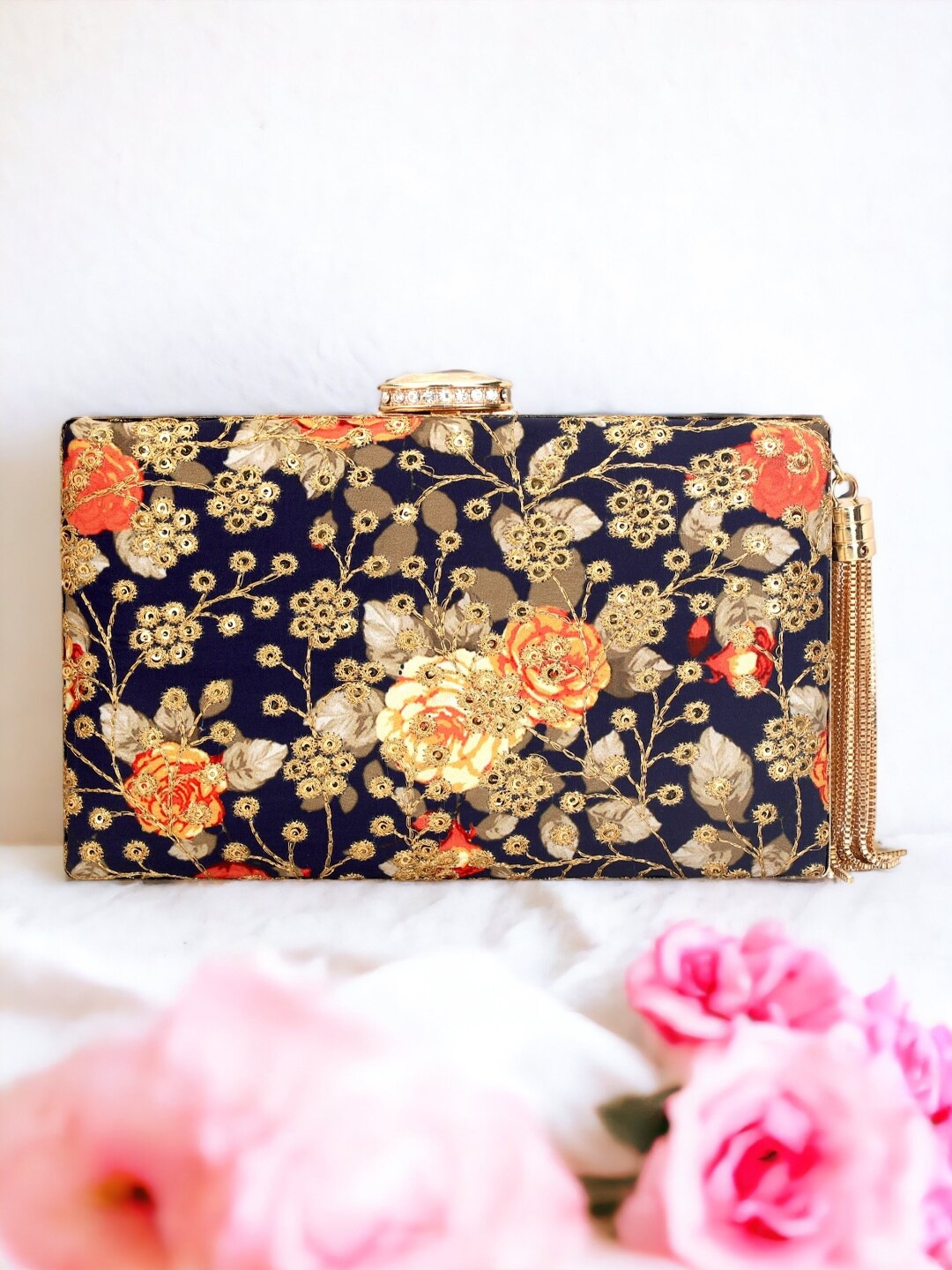 

Toobacraft Blue & Gold-Toned Embroidered Box Clutch