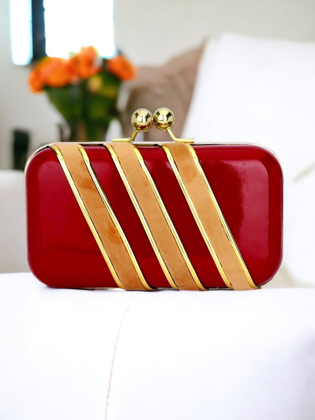 

Toobacraft Striped Embellished Box Clutch, Maroon