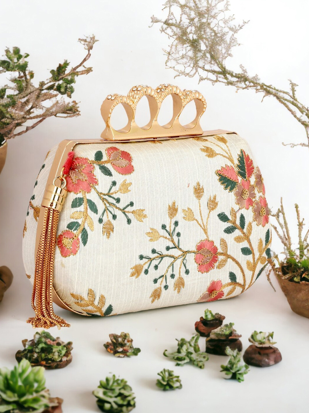 

Toobacraft Embellished Box Clutch, Cream