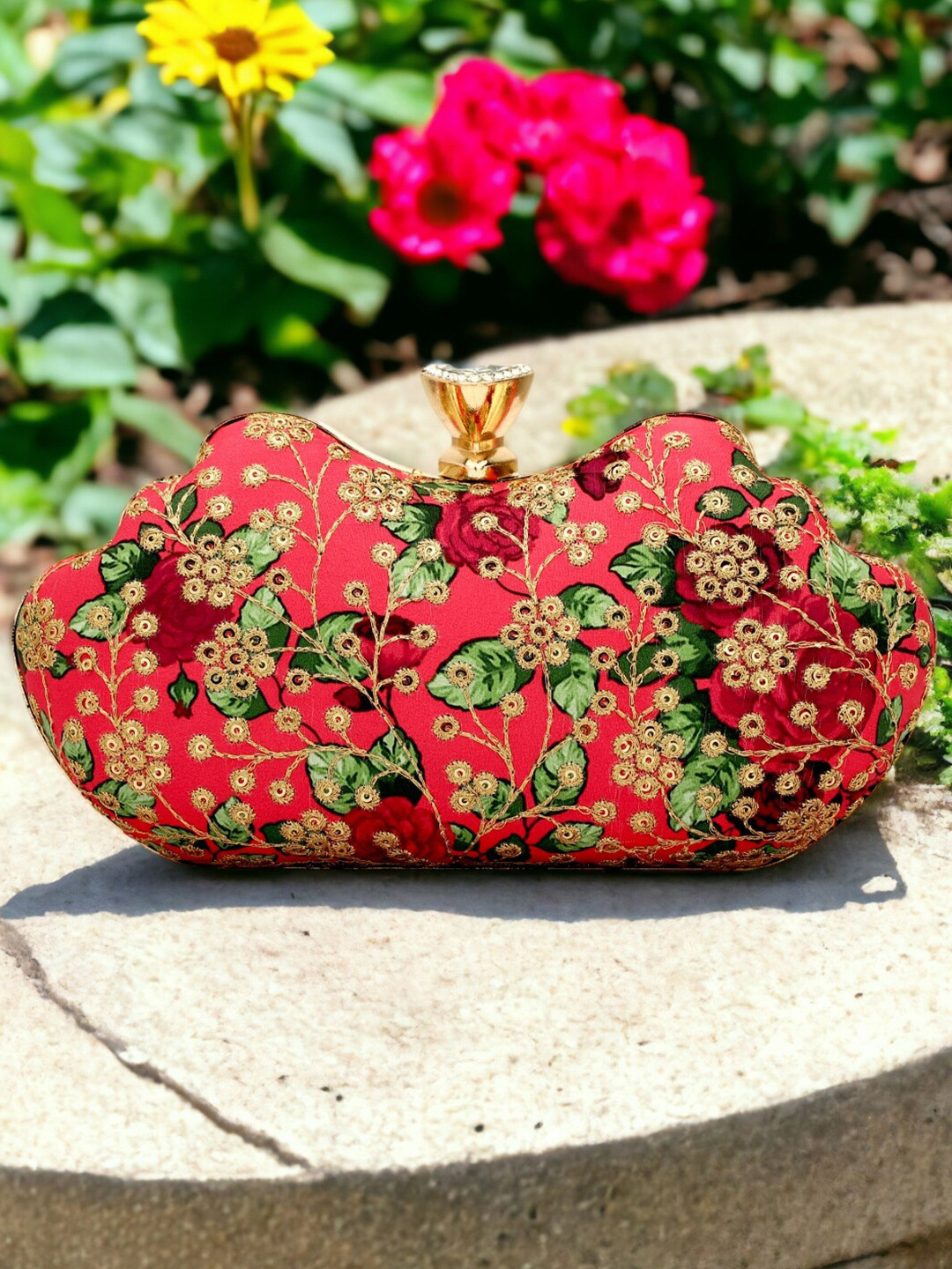 

Toobacraft Printed Embroidered Detail Box Clutch, Red
