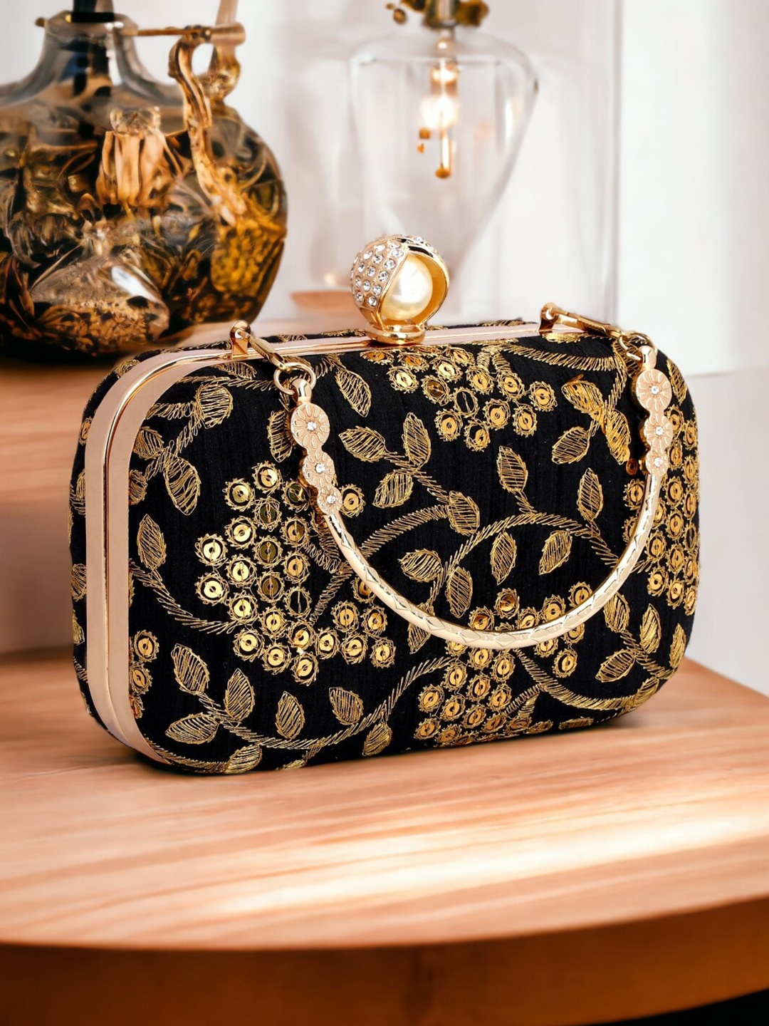 

Toobacraft Embroidered Box Clutch, Black