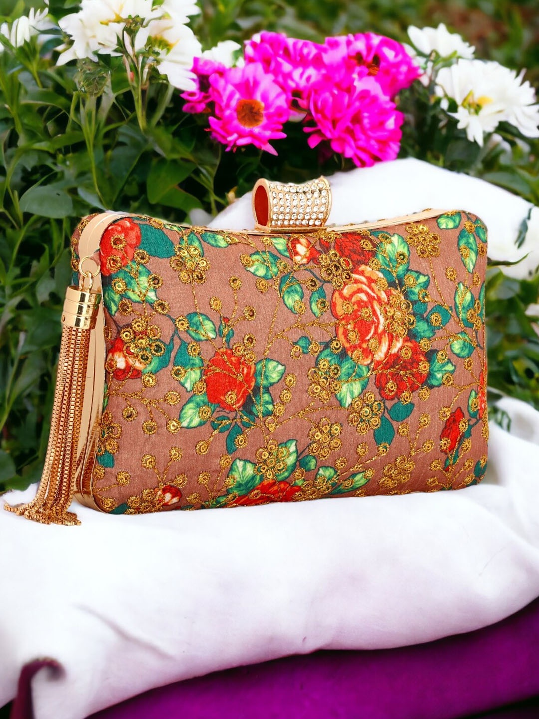 

Toobacraft Embroidered Embellished Box Clutch, Gold